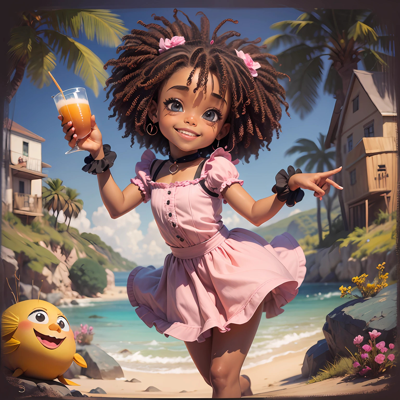 Adesivo dos desenhos animados 3D do menina afro, 1 afro , negra, pelo marrom, segurando boneca Barbie (olhos doces), child's smile, 5 anos de idade, ((( brincando ))), sorriso bonito, chibi, veste rosa, feliz, olhos grandes, olhos de peixe, afetos de alegria, felicidade, estilo pixar, solid color pink background, cosplay como bilbo baggins modelo seaart dreamsharp --auto --s2