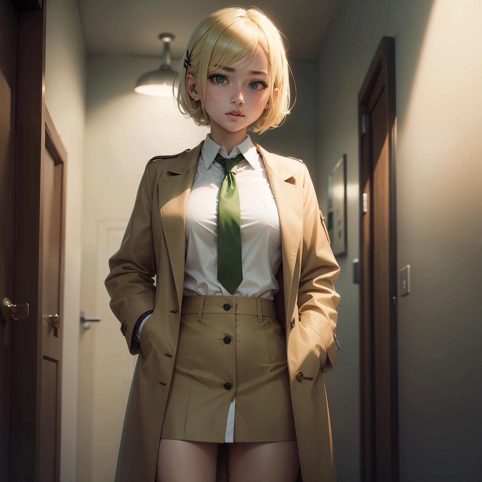 1girl, blonde hair, short hair, brown coat, pussy, white shirt, green hairpin, (hairpin on right hair), brown tie