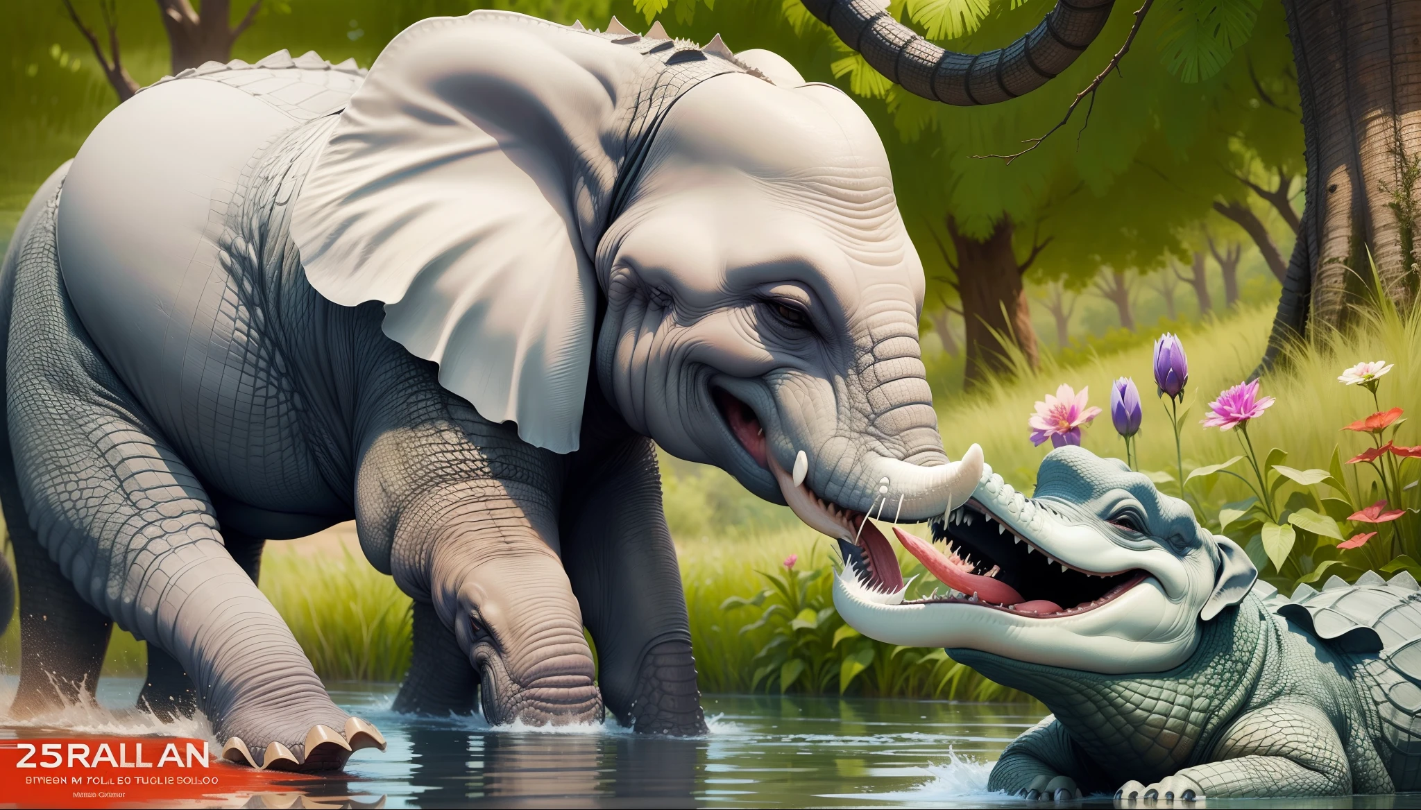 1 crocodile bite 1 elephant nose and pulling to river, highly detailed, realistic, beautiful