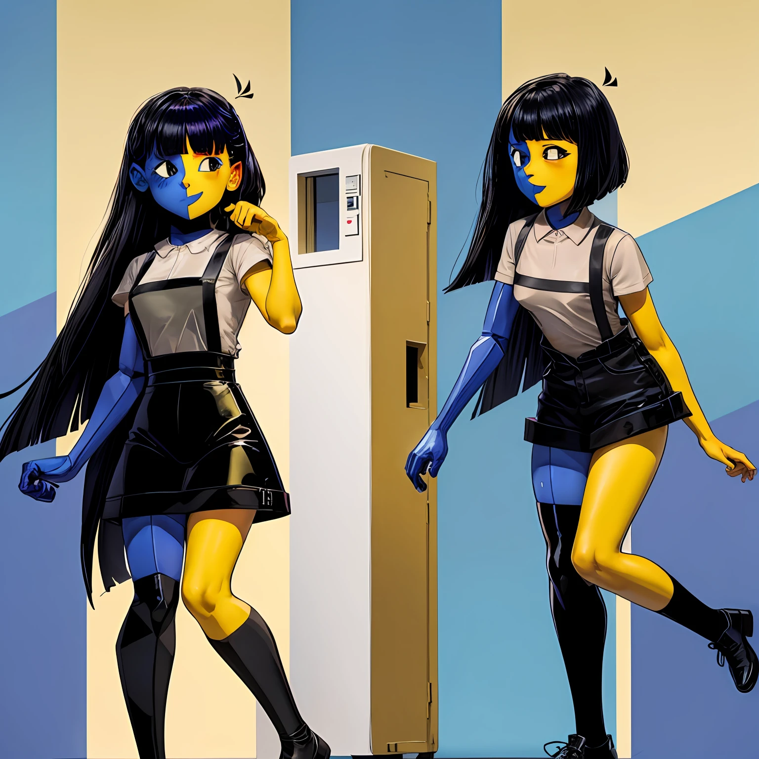 ENA (Joel G), split color body (blue on right, yellow on left), white t-shirt, black skirt with overall straps, 1girl, black socks (thigh-high on right, ankle on left), grain effect on hair, perfect anatomy, better hands,