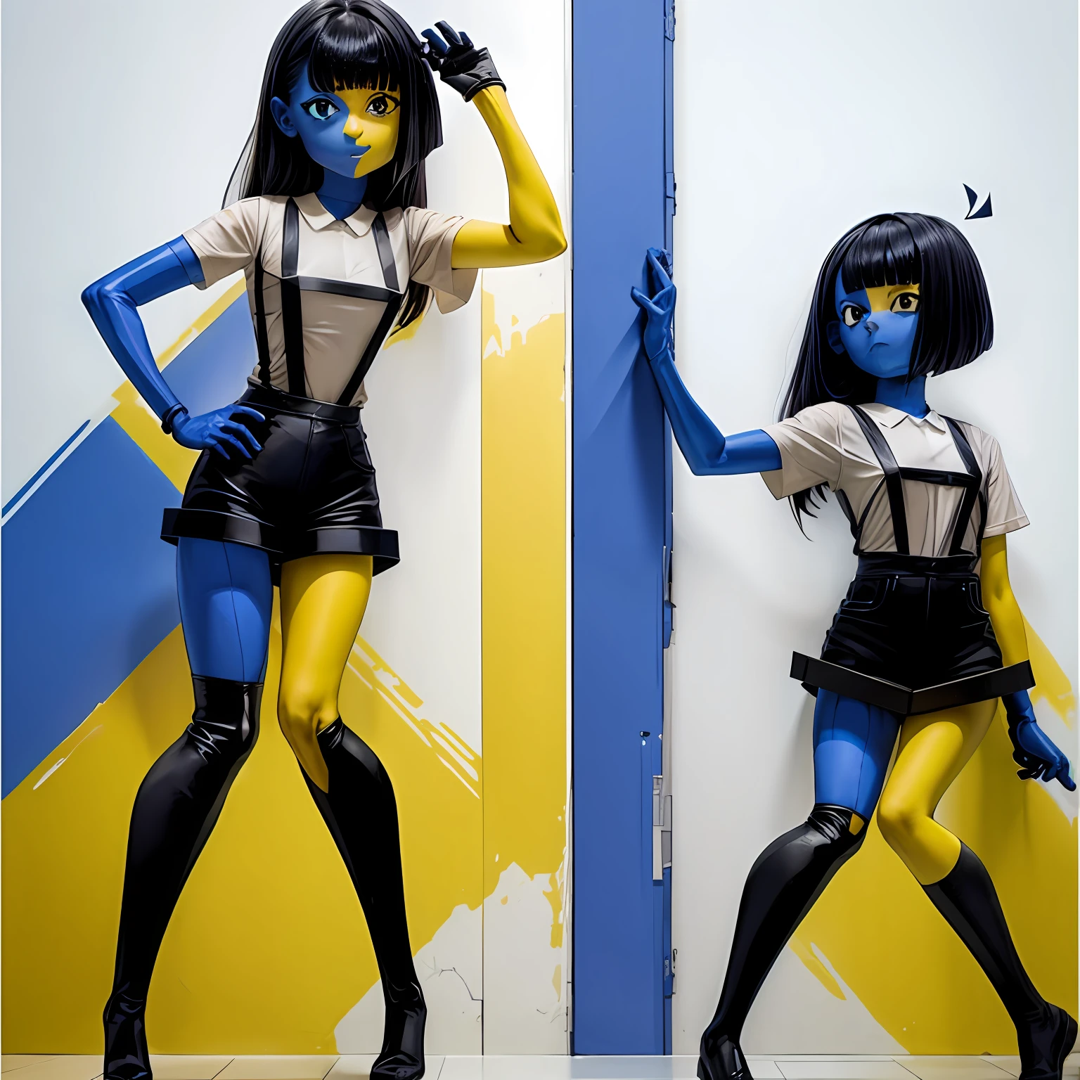 ENA (Joel G), split color body (blue on right, yellow on left), white t-shirt, black skirt with overall straps, 1girl, black socks (thigh-high on right, ankle on left), grain effect on hair, perfect anatomy, better hands,