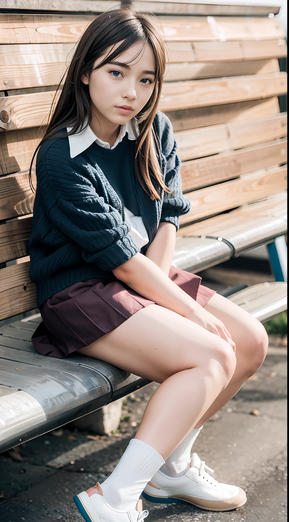a closeup,Alafed girl sitting on floor with legs crossed, Surreal High School Girl, Surreal High School Girl, wearing skirt and high socks, Cute Schoolgirl, Realistic Schoolgirl, School Girl,Schoolgirl posing, dressed as schoolgirl, crossed legs, hugging her knees, age female schoolgirl, absolutely outstanding image,Perfect body balance,extra detailed face,Detailed blue eyes,Loafer Leather Shoes,