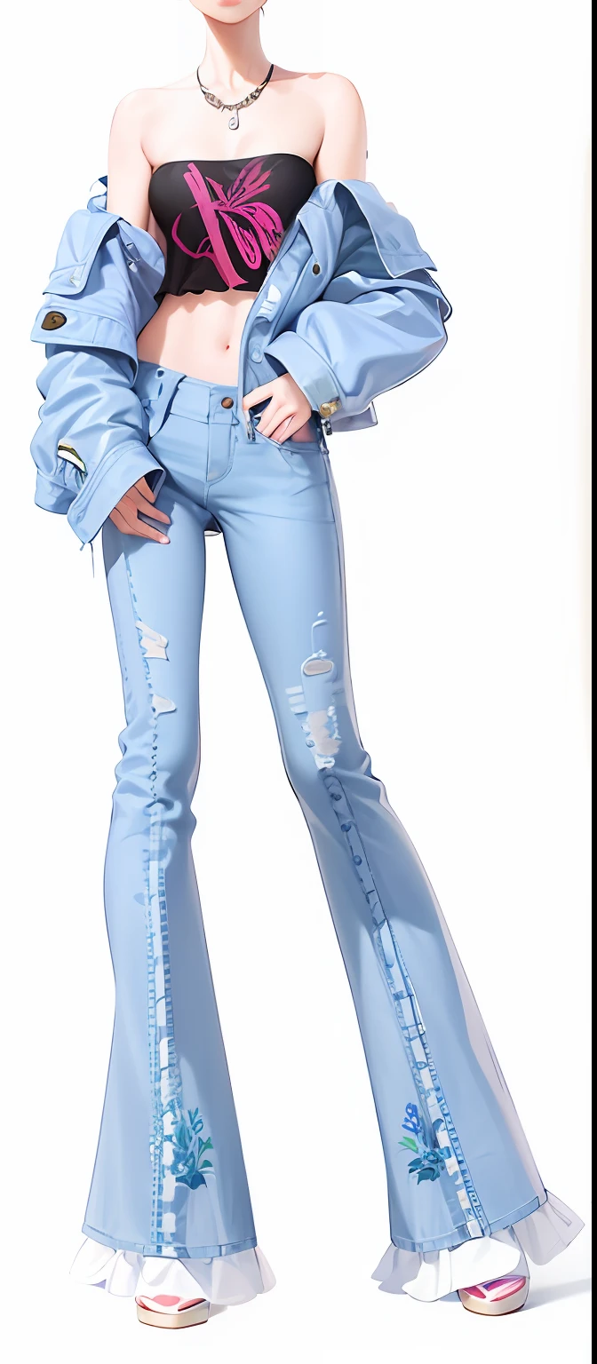 Woman with Lakafi fashion illustration, Digital rendering inspired by Mirko Lachiki, Tumblr, Pop art, detailed fashion illustration, style of hajime sorayama, hajime sorayama designed girl, ( ( ( wearing a jeans jackets ) ) ), Blue jeans. Unreal 5, Edited
