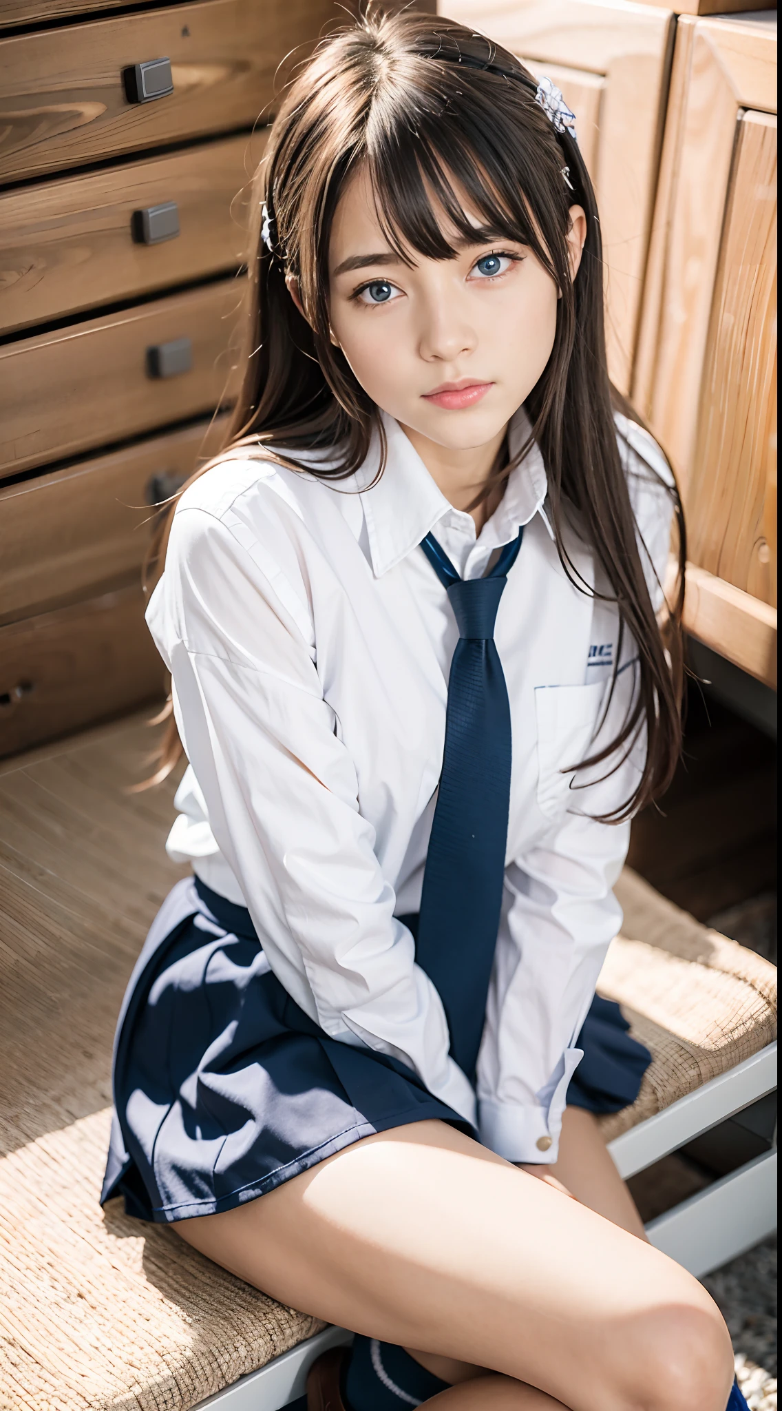 Perfect Anatomy ,Neat and clean high school girl, (school uniform, Sailor suit, Tie a ribbon around your chest, Winter clothes, The upper body is navy blue, The skirt is dark blue),In the morning, there will be a high school graduation ceremony in the large gymnasium.,長袖で昔ながらの紺色のSailor suitに膝丈のプリーツスカートを着て体育館シューズを履いて,((He is sitting on a metal chair in the gymnasium with a serious expression on his face..)),Short Bob,(((Knee-up shot from the front))),Best image quality,Professional angle of view,Excellent details,超A high resolution,Realistic:1.4),High Detail,Focus on the details,High concentration of 1girls,beautiful chestnut hair,Beautiful face with a delicate and high nose,Long limbs like a model,Beautiful pink knees,