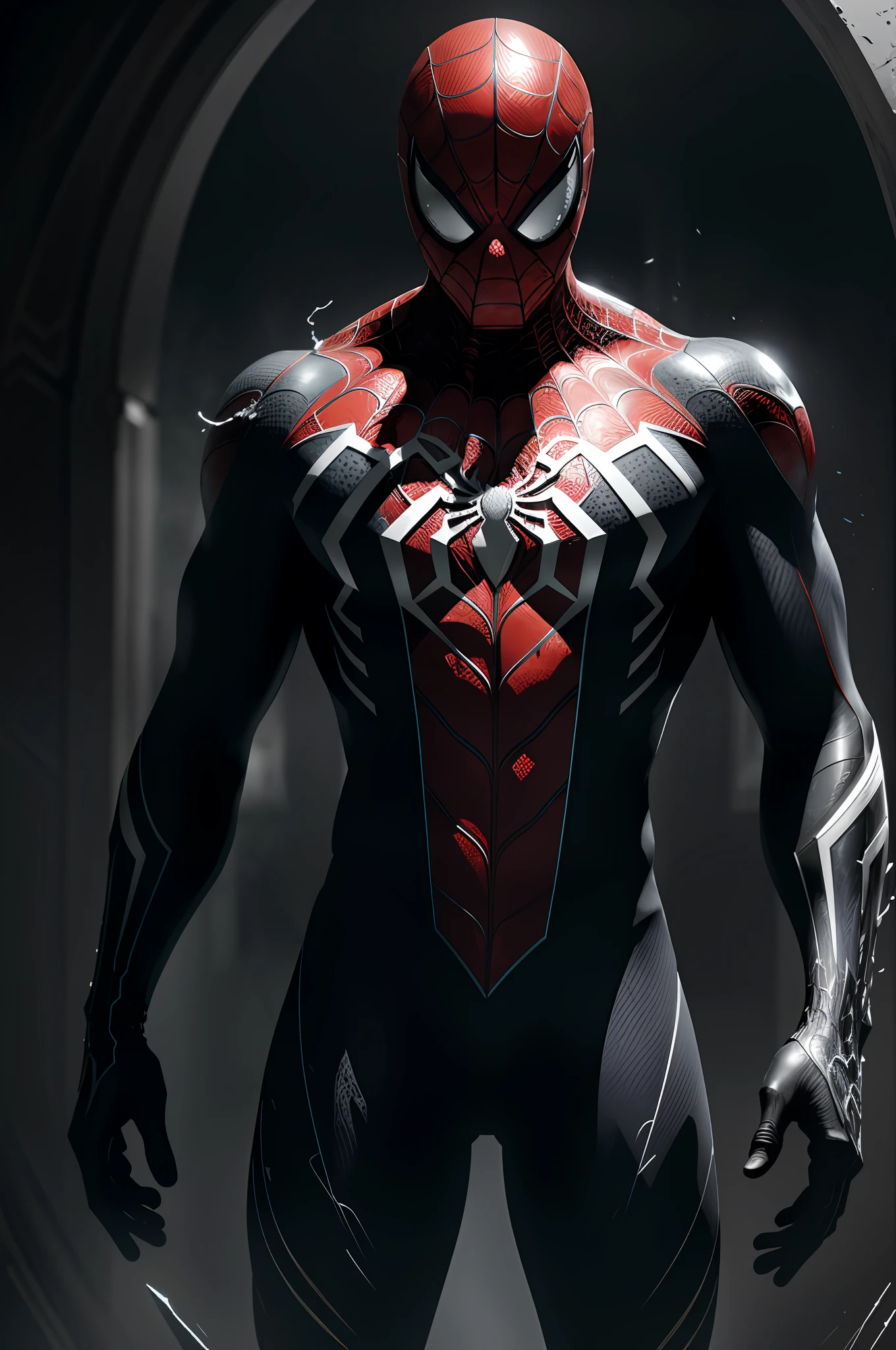 (8k, RAW photo, best quality, masterpiece: 1.2), ultra detailed, official art, photo-realistic: 1.37, spider man, black suit, spider in the center of your chest in white, organic looking clothing, gooey testura, symbiote, art, PS5 cinematic screenshot, highly detailed and detailed cinematic rendering, ultra photorealistic raytricing, with cinematic lightingaction pose
