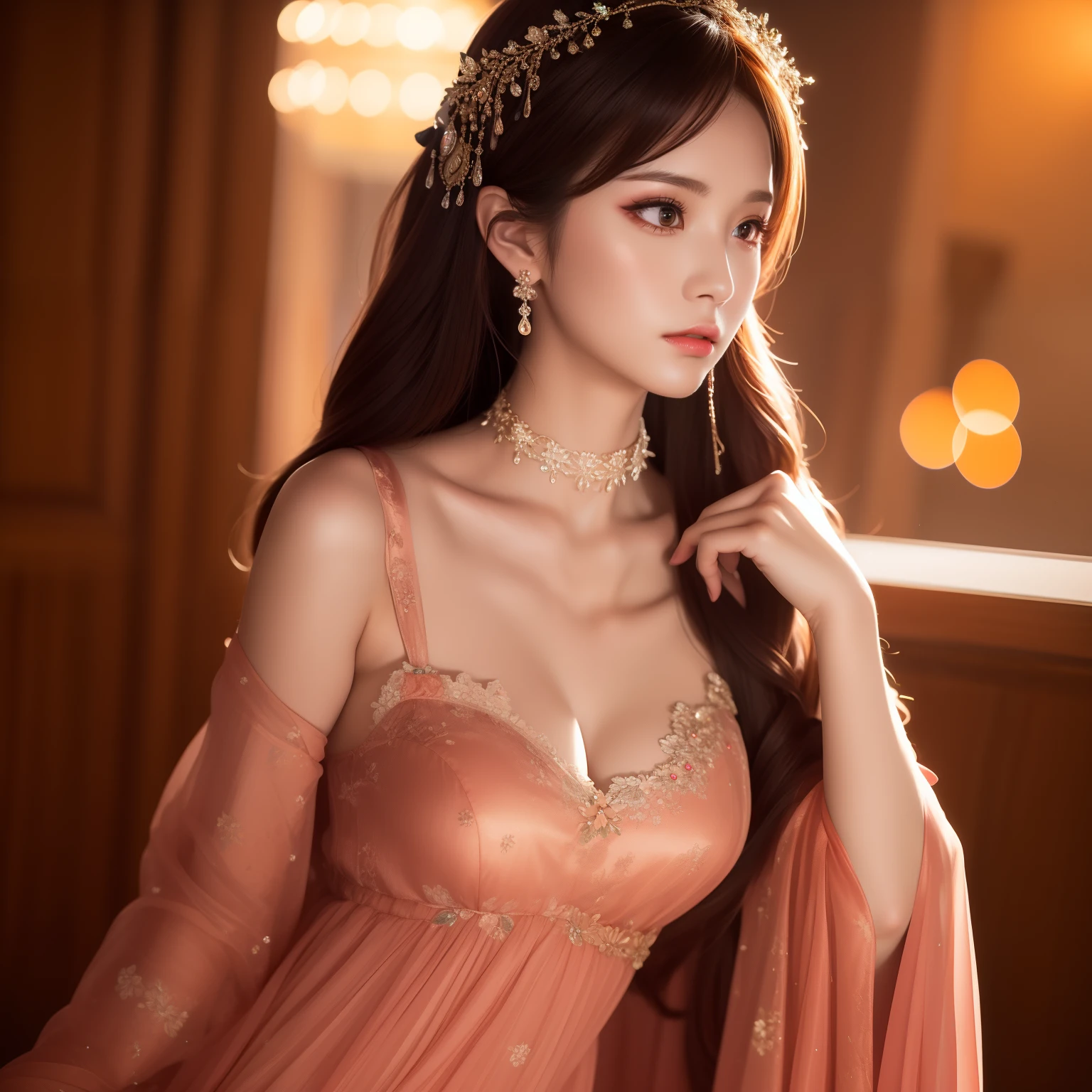 best qualtiy,tmasterpiece,A high resolution,1girll,Floral antique nightdress,Antique nightdress,Tulle nightdress,hair adornments,choker necklace,jewely,beautiful face,Red high-gloss lipstick,Physically,Dingdall effect,realisticlying,Dark Studio,edge lit,twotonelighting,(highdetailskin:1.2),8K UHD, Digital SLR, softlighting, high high quality, volumettic light, sneak shot, photore, A high resolution, 4K, 8K, Background bokeh,