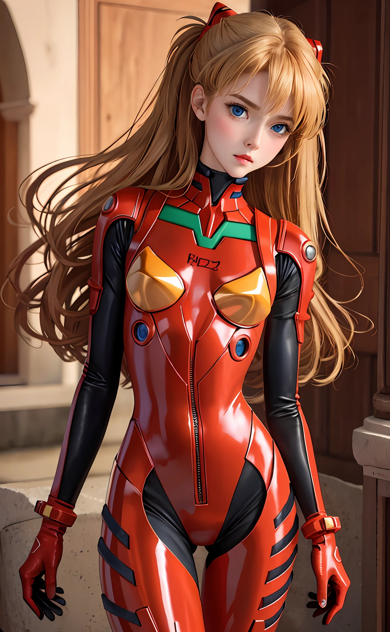 Realistic, Solo, Perfect Detail Face, Detailed Blue Eyes, Very Detailed, Blush, Hair Ornament, Chignon Mahogany Hair, (Blonde Hair), Plug Suit 02,Shikinami Asuka Langley