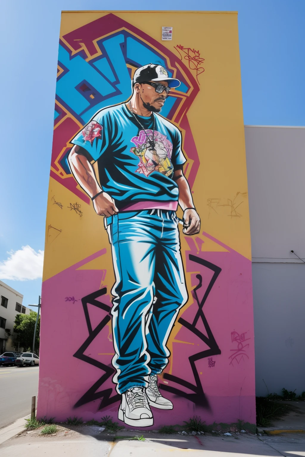 guttonerdvision10, Graffiti on the side of a tall building of a man wearing 80's style clothes and cap. He painted doing a street dance pose. strokes. Tonalidade Volorida, detalhada. Grafite do Sr.. lavagem cerebral. Visao aerea da cena, realista, 8k