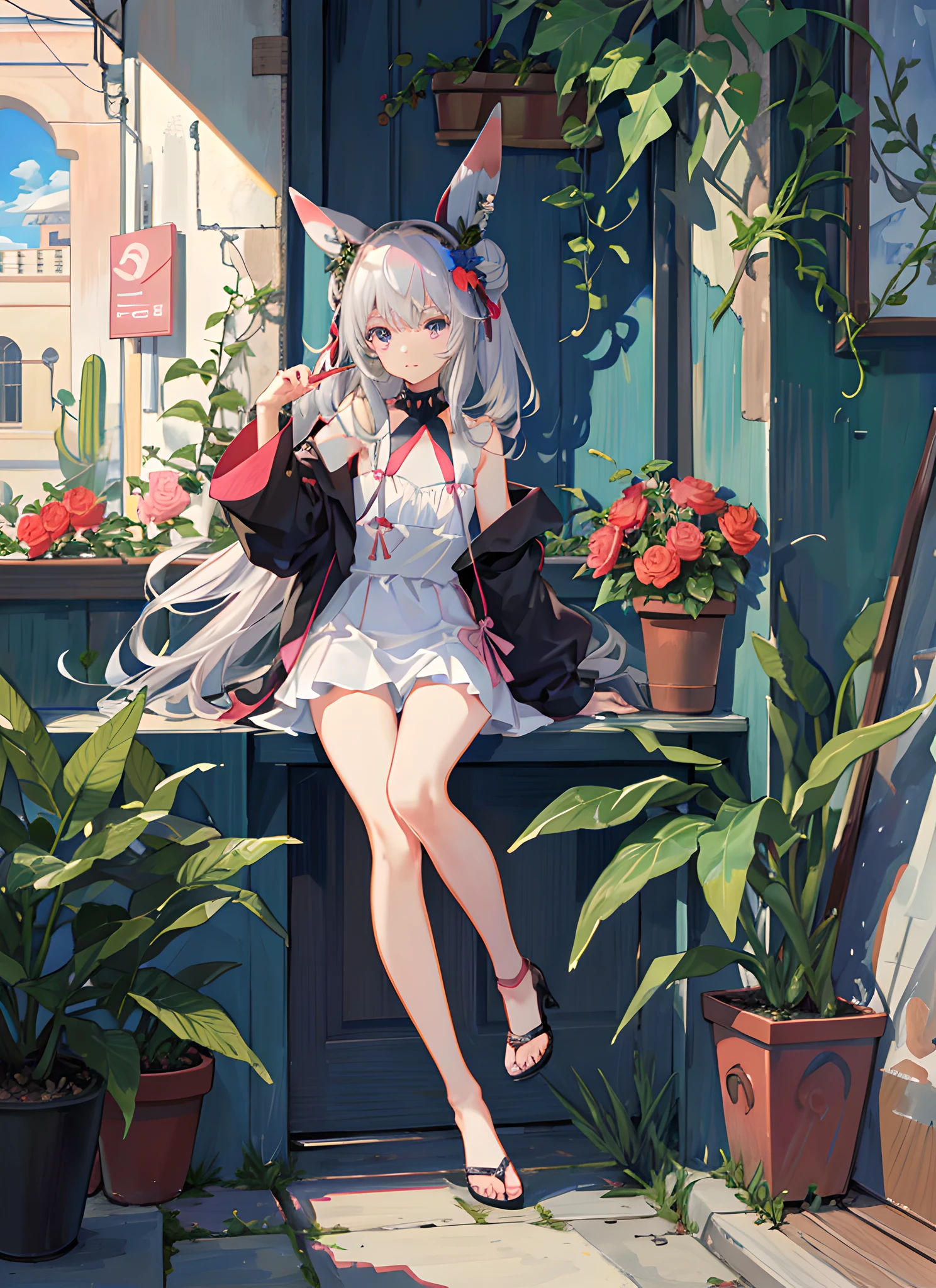 flowers, nail polish, plants, potted plants, buns, pots, vases, toenail polish, animal ears, bunny ears, roses, red nails, leaves, red flowers, hydrangeas, feet, tulips, bamboo, pink flowers, pull cows flowers, purple flowers, pink roses, toenails, 1girl, long hair, vines, blue nails, toes, red roses, stockings, bouquet, cactus, ivy, garden, soles, pink nails, blue eyes, bare feet, sitting, Watering can, yellow flowers, interlocking fingers, black pants, palm trees, stands, short tie, manicure, Tanabata, bunny girl, window, amiya_\(arknights\), lily_of_the_valley, camellia, silver_hair, solo, ribbon