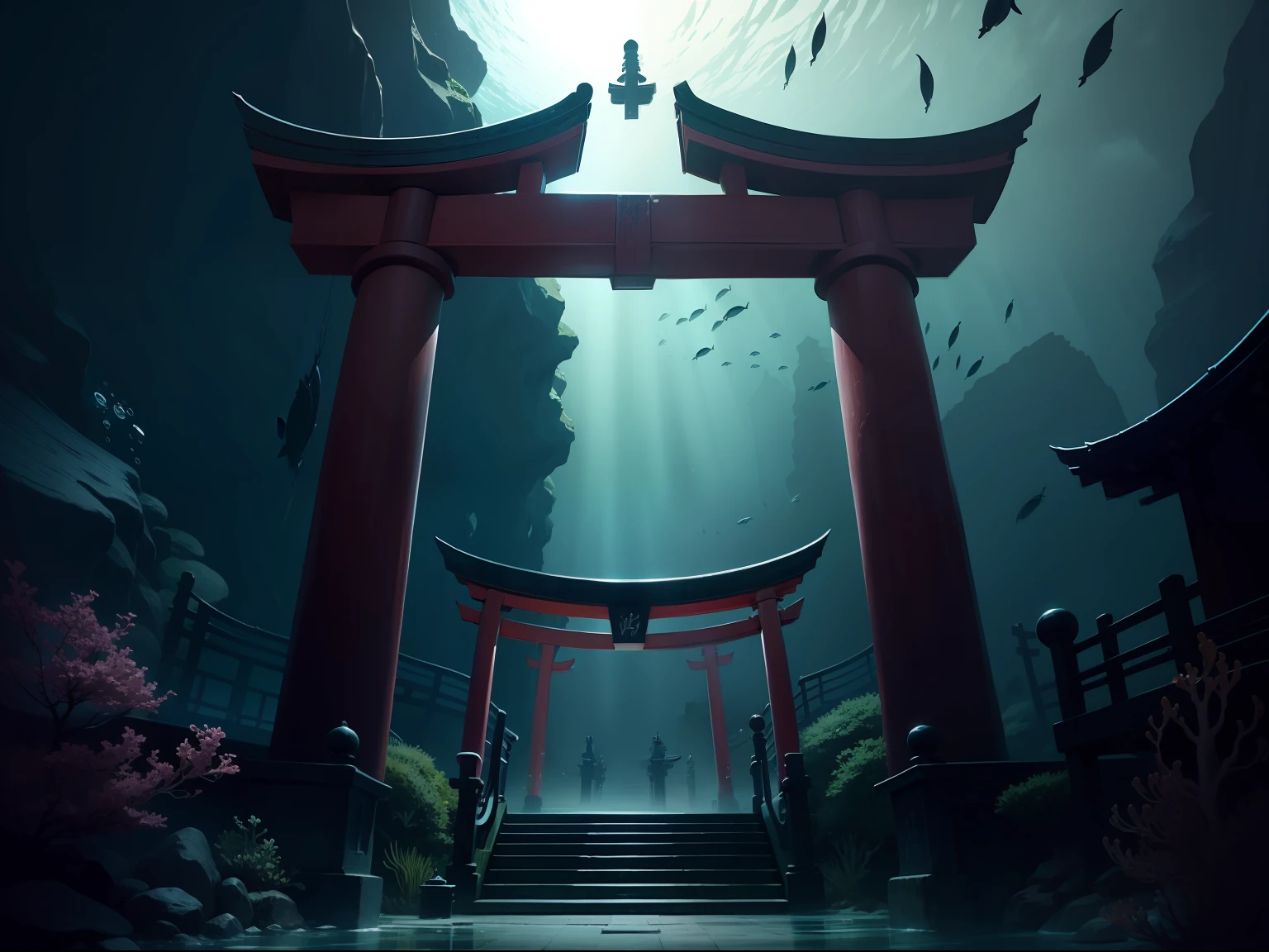 underwater dark torii gate fish
