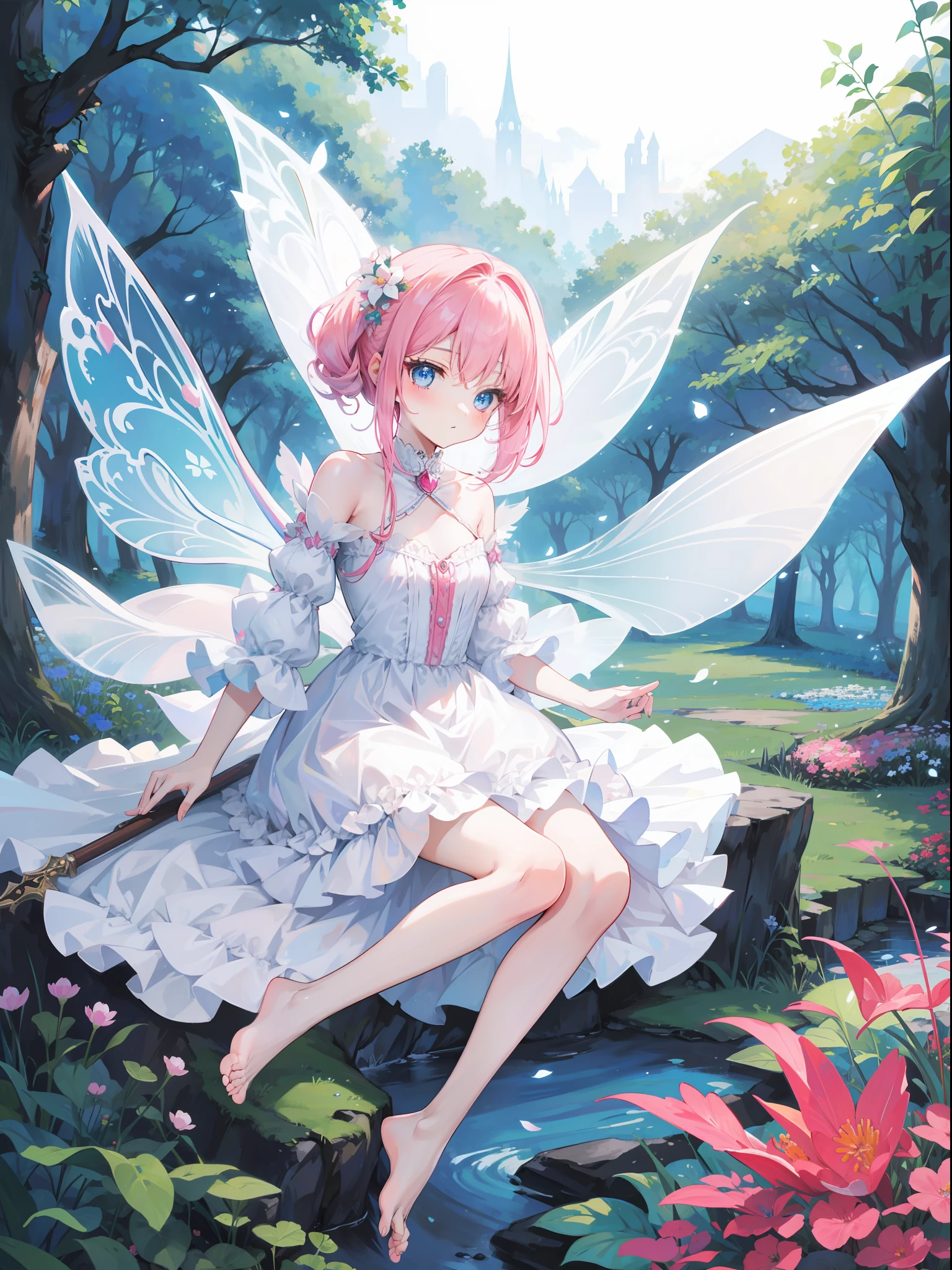 Pretty girl with pink hair,With a petite figure,white dresses,Barefoot,faeries,Fairy stick in hand,In Wonderland,Blue pupil
