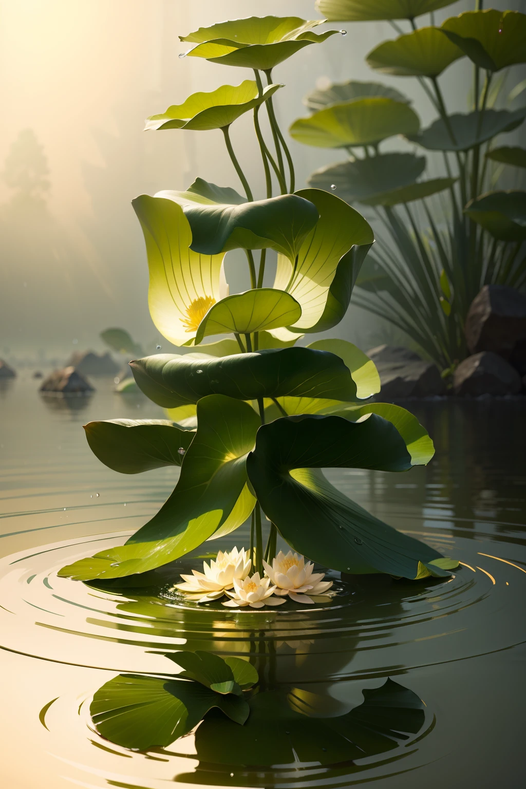 Fresh and natural lotus leaves,Lotus in bloom。Splashing water droplets,tmasterpiece,Best quality,ultra - detailed。
