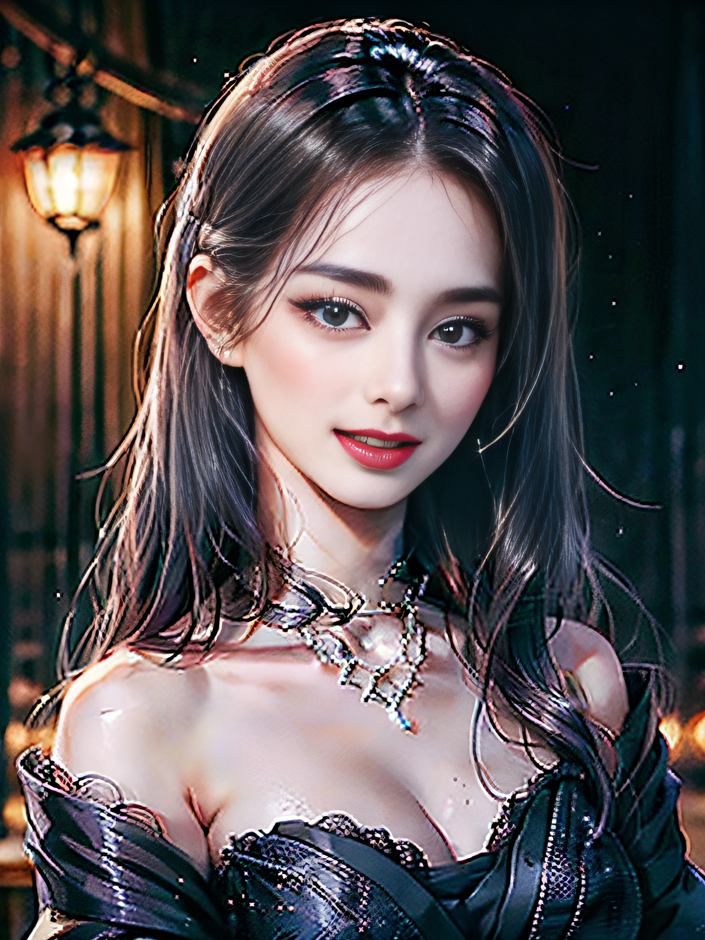 (absurd, high resolution, super detail), beautiful woman, face close-up, face enhancement, face focus, oblique view, 22, 18, long straight hair, shiny beautiful hair, beautiful skin, luscious skin, beautiful eyes, with bangs, off the shoulder, eye highlights, unbroken hands, rich lighting, large breasts, pale pink lips, soft lips, slightly open mouth, uniform 8K wallpaper with high definition CG, attention to detail, portrait, gaze, solo, half shot, detailed face, slightly smiling, dynamic pose, (Contemporary Japanese subject: 1. 1), contemporary style clothing, black dress, black gloves, lace dress Gray, Silver Hair, Contemporary Subject, (Thriving Civilization: 1.1), (Pure White: 1.1,) Building, Roppongi, Ginza, Kabukicho, Neon Lights, Japanese Landscape, Fantastic, Romantic, Dance of Light, Glitter, Severity, Majesty, Night, Darkness, Stars, Moon In Background, Portrait, Film Lighting, Necklace, Dating Scene