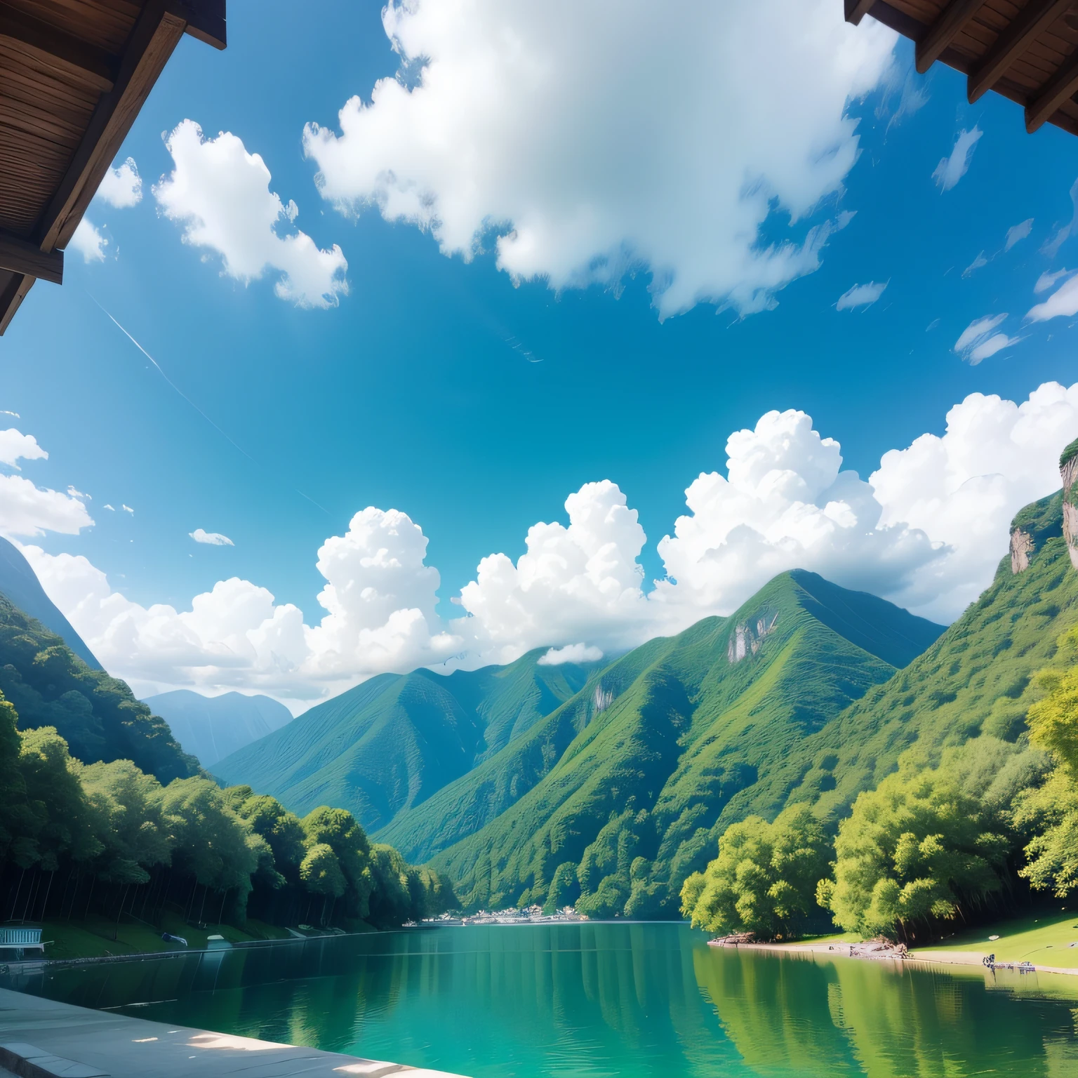 with blue sky and white clouds,Green mountains and clear water,Crowded with tourists,Green and healthy