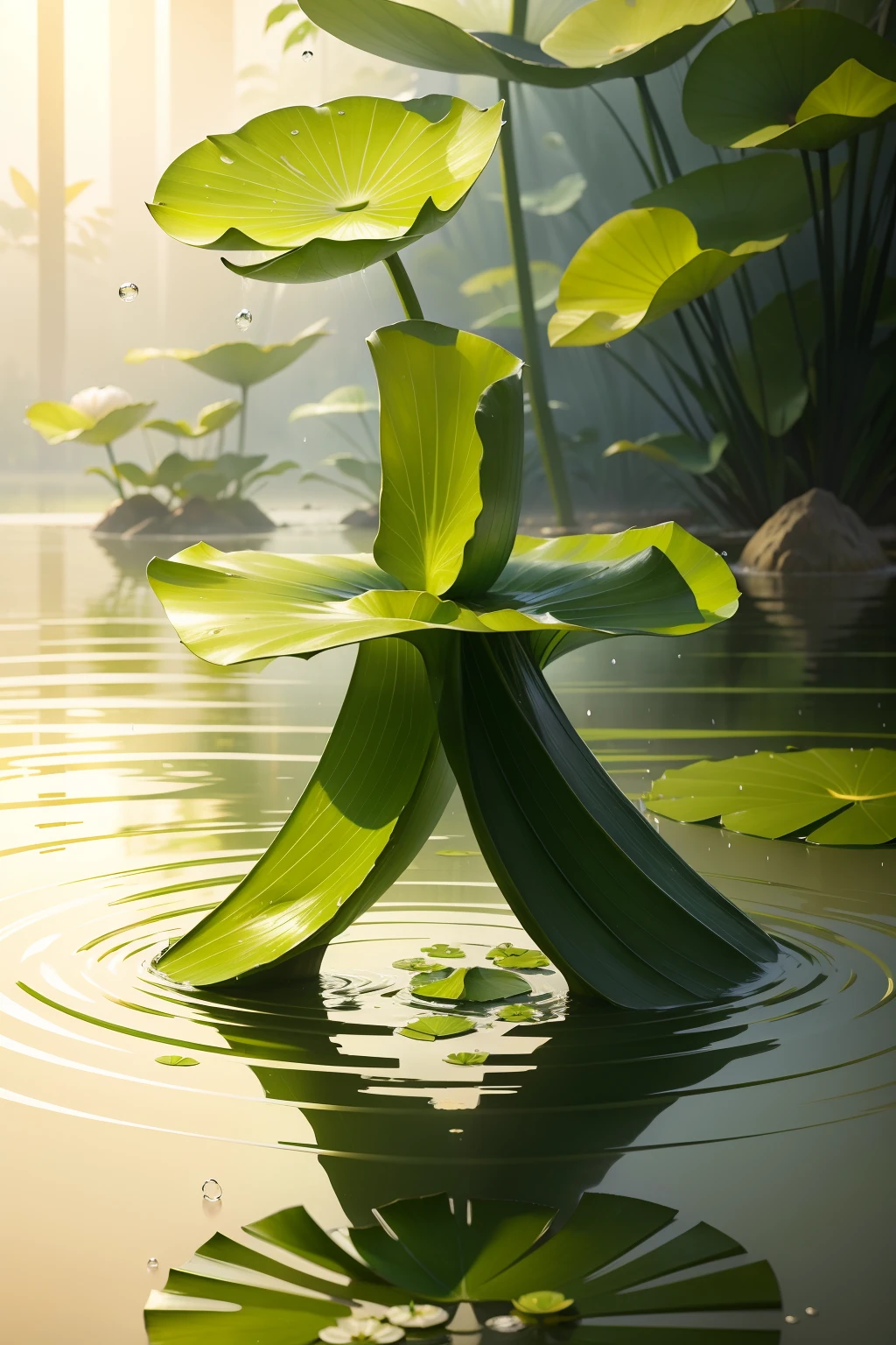 Fresh and natural lotus leaves,Lotus in bloom。Splashing water droplets,tmasterpiece,Best quality,ultra - detailed。