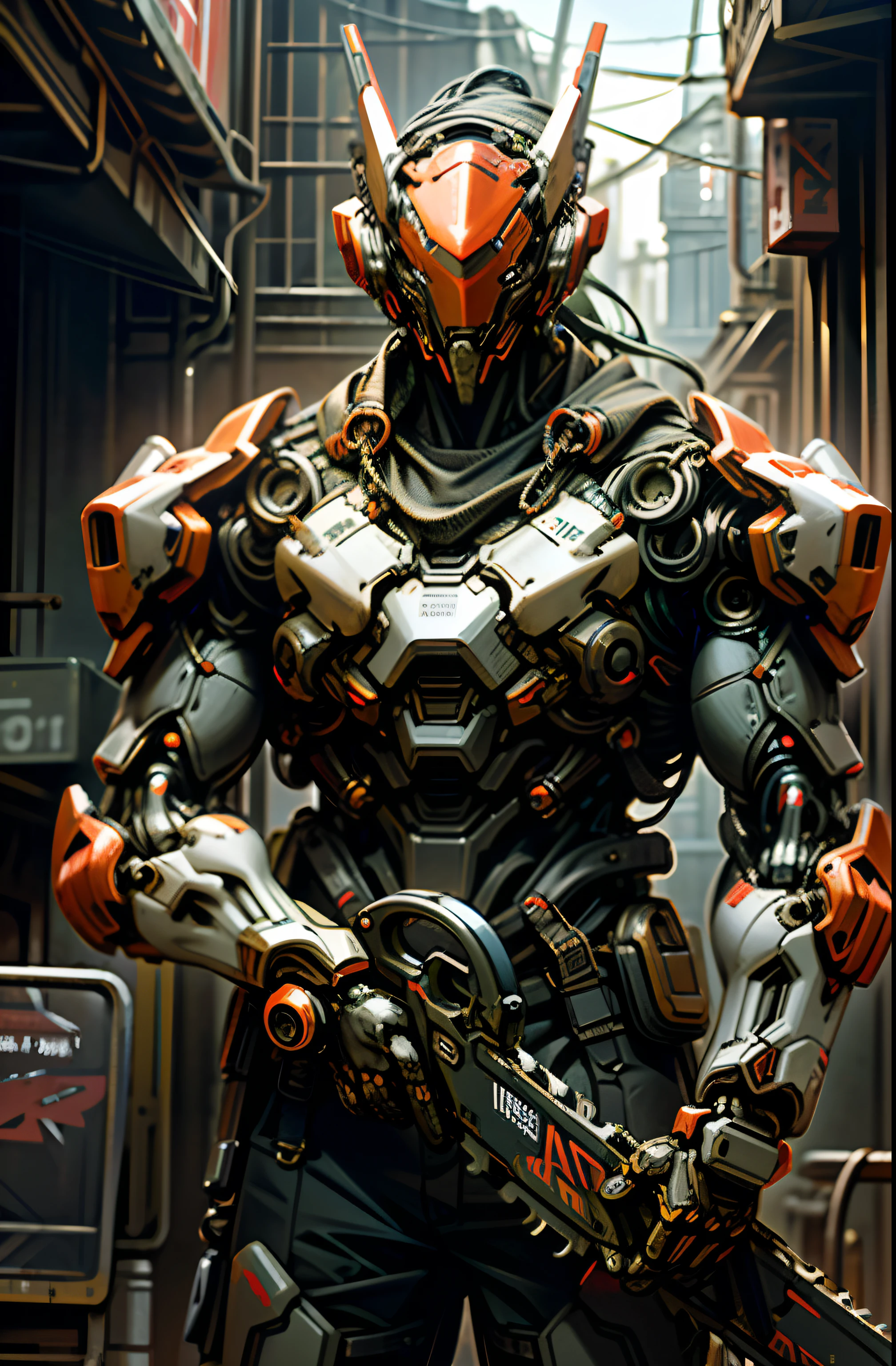 Dark_Fantasy,Cyberpunk,(chain saw,chain saw man,Red:1.1),1man,Mechanical marvel,Robotic presence,Cybernetic guardian, wearing a worn-out mech suit, intricate, (steel metal [rusty]), elegant, clear focus, shot by greg rutkowski, soft lighting, vibrant colors, masterpiece, ((street)), cowboy shot, dynamic pose,