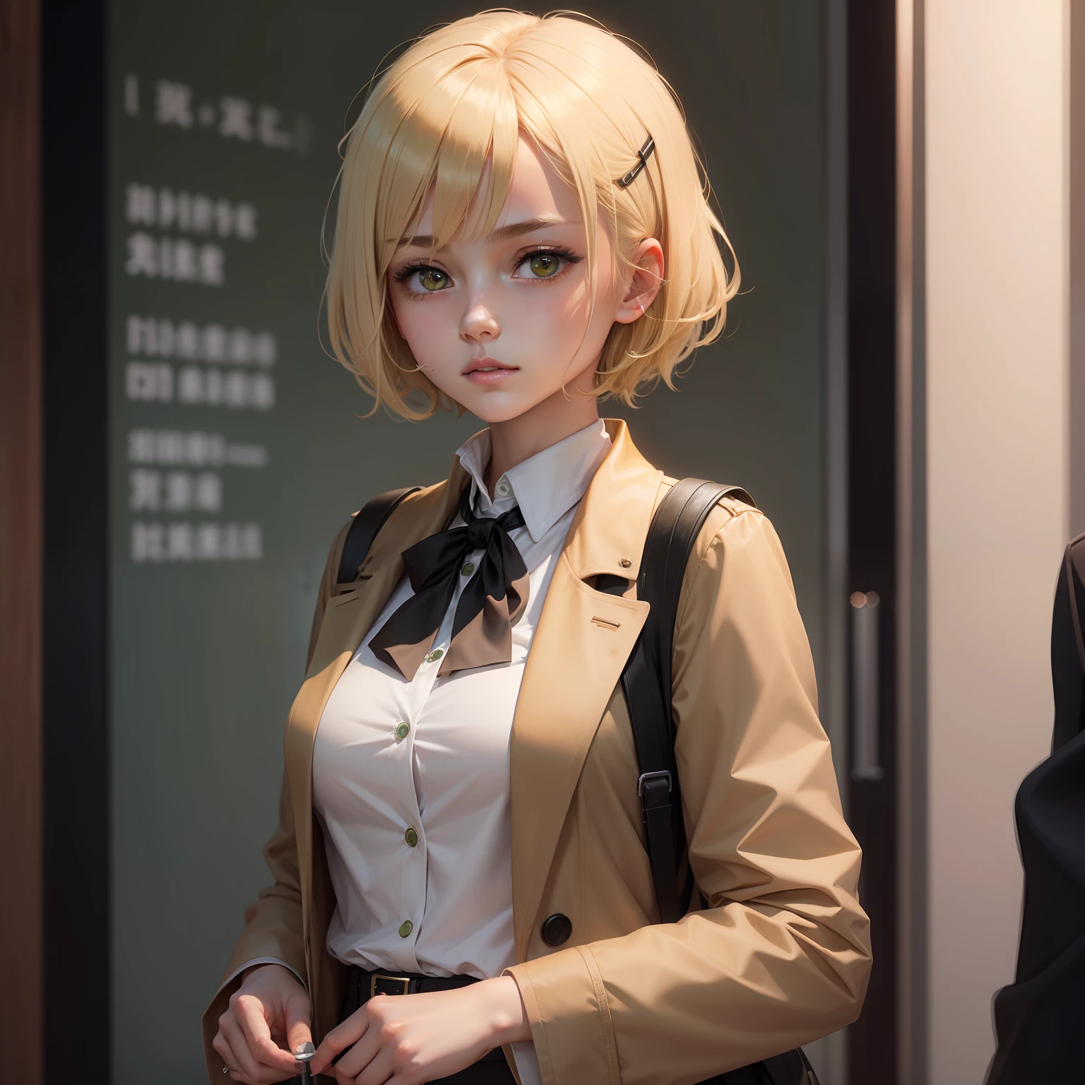 1girl, blonde hair, short hair, brown coat, detective outfit, white shirt, green hairpin, (hairpin on right hair), black tie, red eyes