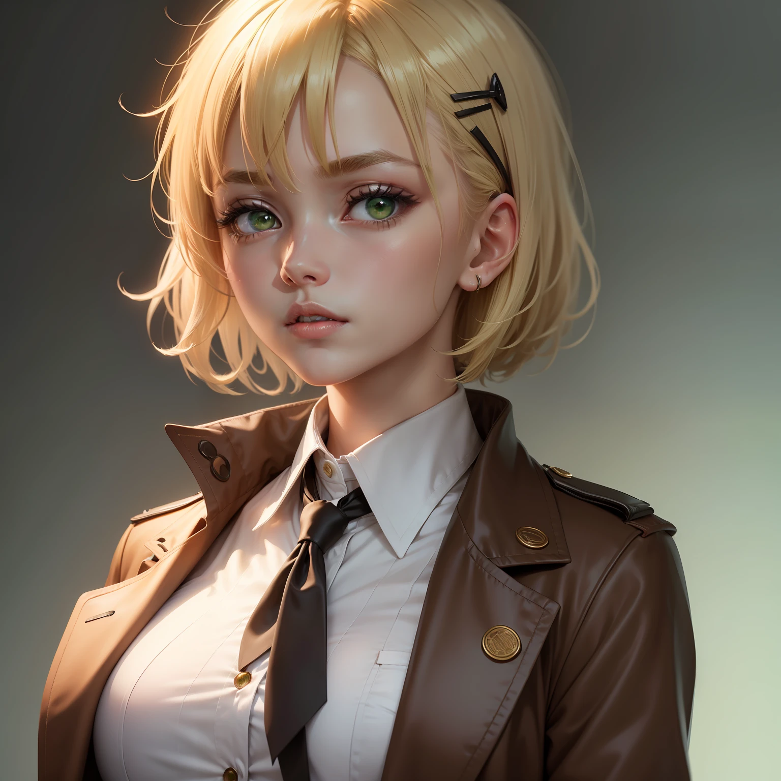1girl, blonde hair, short hair, brown coat, detective outfit, white shirt, green hairpin, (hairpin on right hair), black tie, red eyes