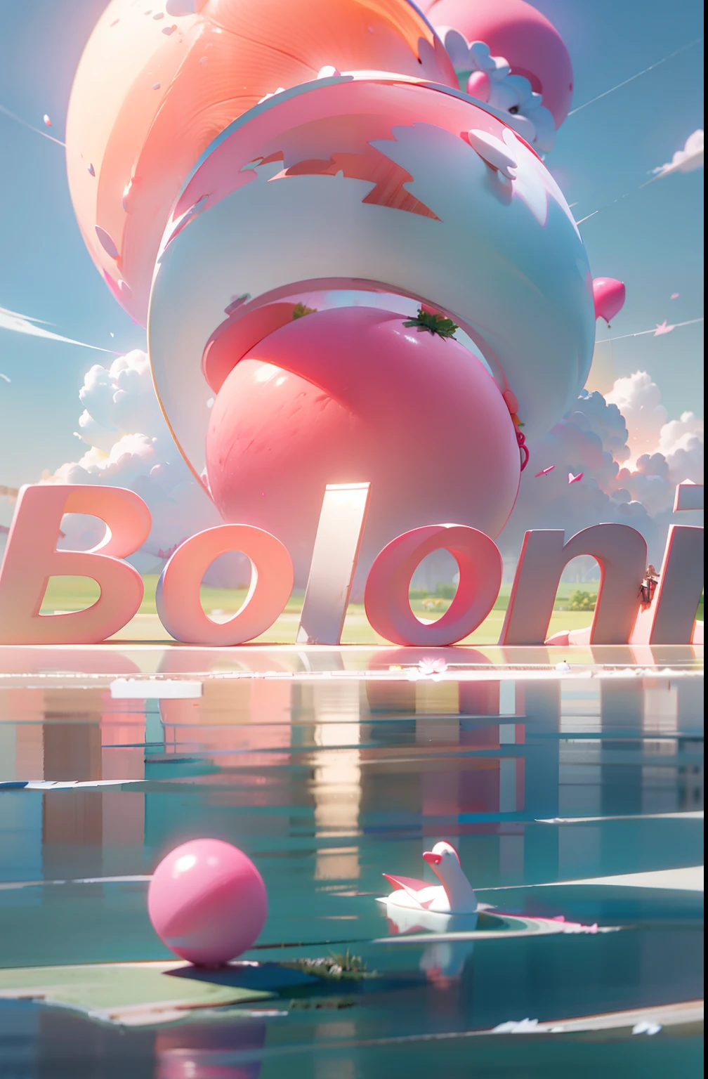 Anime scenery of pink swans floating in a lake with pink heart-shaped balloons, concept art of love, 3 d render beeple, trending on cgstation, 3 d render stylized, artem demura beeple, Beautiful digital artwork, recusion beeple, trending on artstation 4k, ๐บ CGSesociety