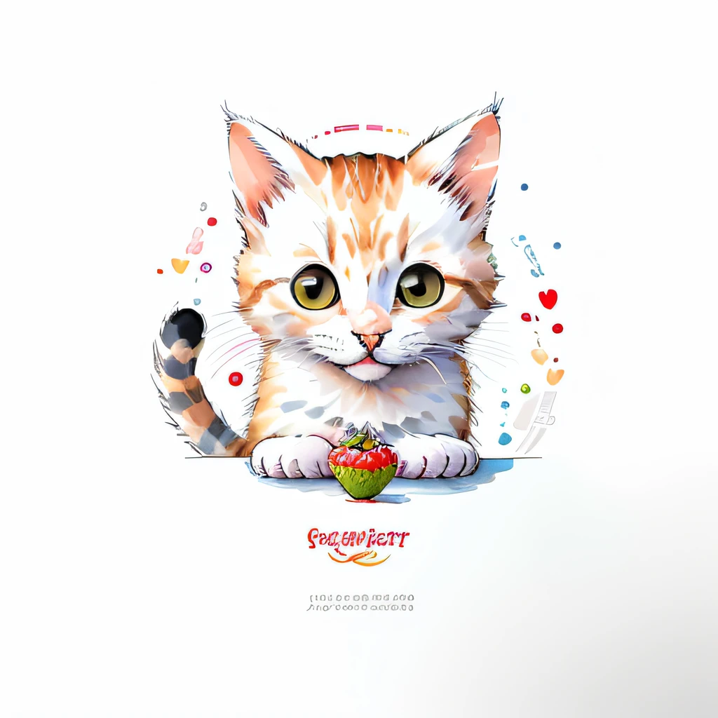 circular design, logo art, (cat design with strawberry),(on the table), fantasy, colorful, vintage,  charming: white background, lowbrow art, digital illustration, radiant; gouache, 16k, minimalistic, doodle, CGSociety, solarpunk, crispy quality, sharp, bright, volumetric lighting, intricate, ample negative white space, as a logo,