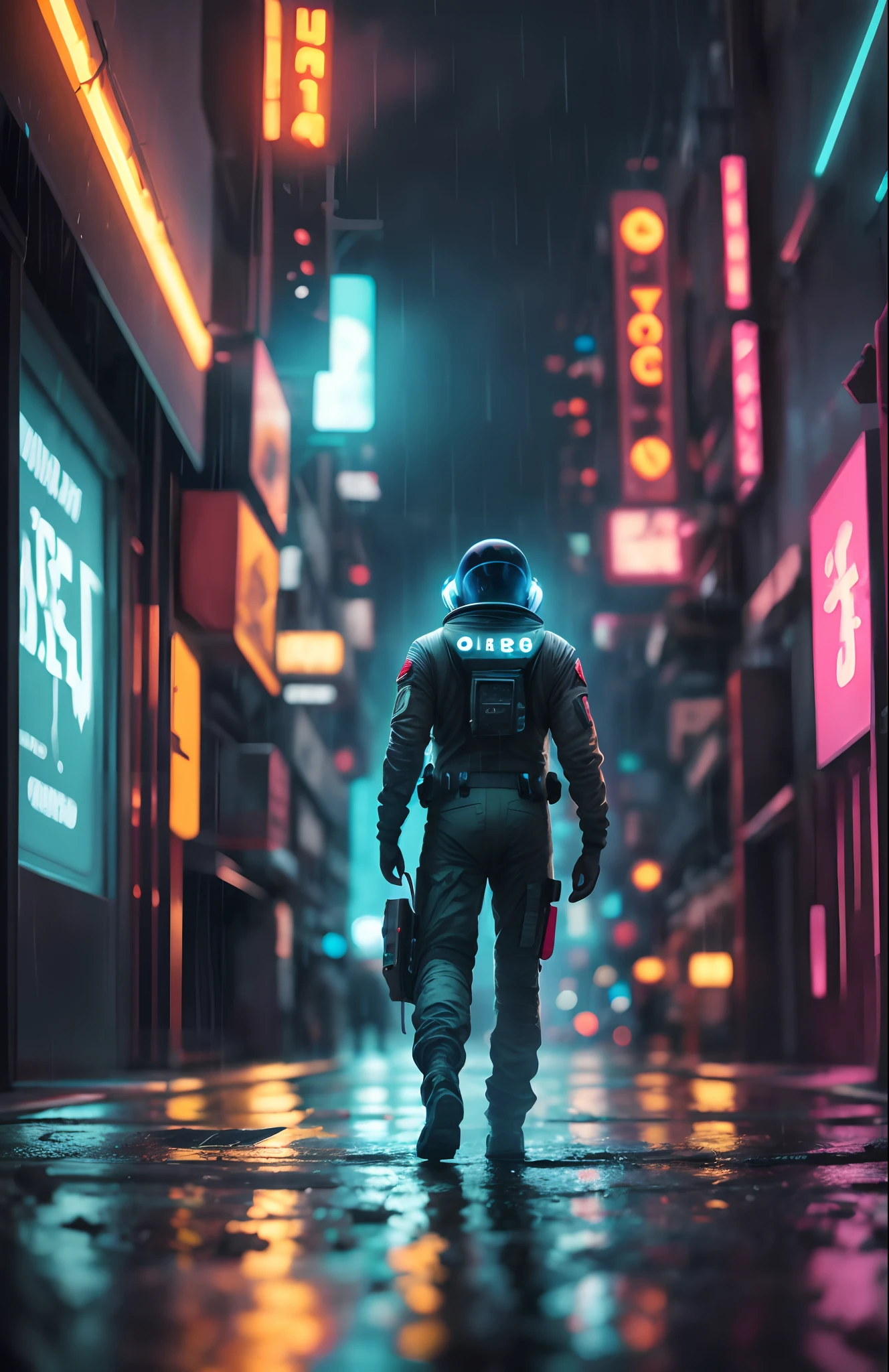 a space pilot wearing a black uniform walking on a rainy night down a dirty, futuristic Blade Runner-style, cyberpunk-style street, big building signs, hyper quality, Ultra HD, --auto --s2