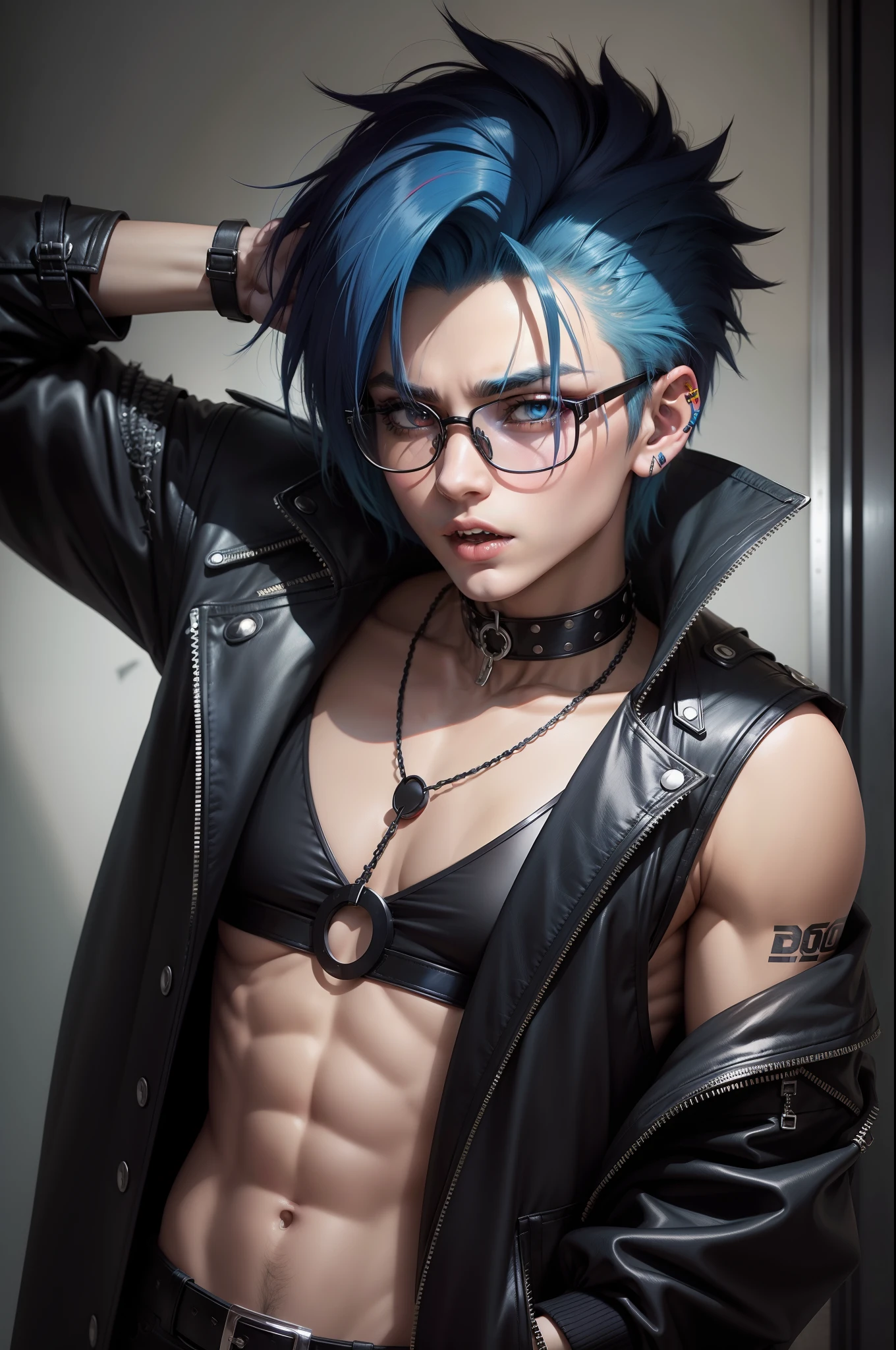 80s punk rock anime boy with midnight blue hair with two long strands in the front, wearing oversized round glasses, wearing black spiked choker, portrait, fangs, 2D, 8k, high resolution