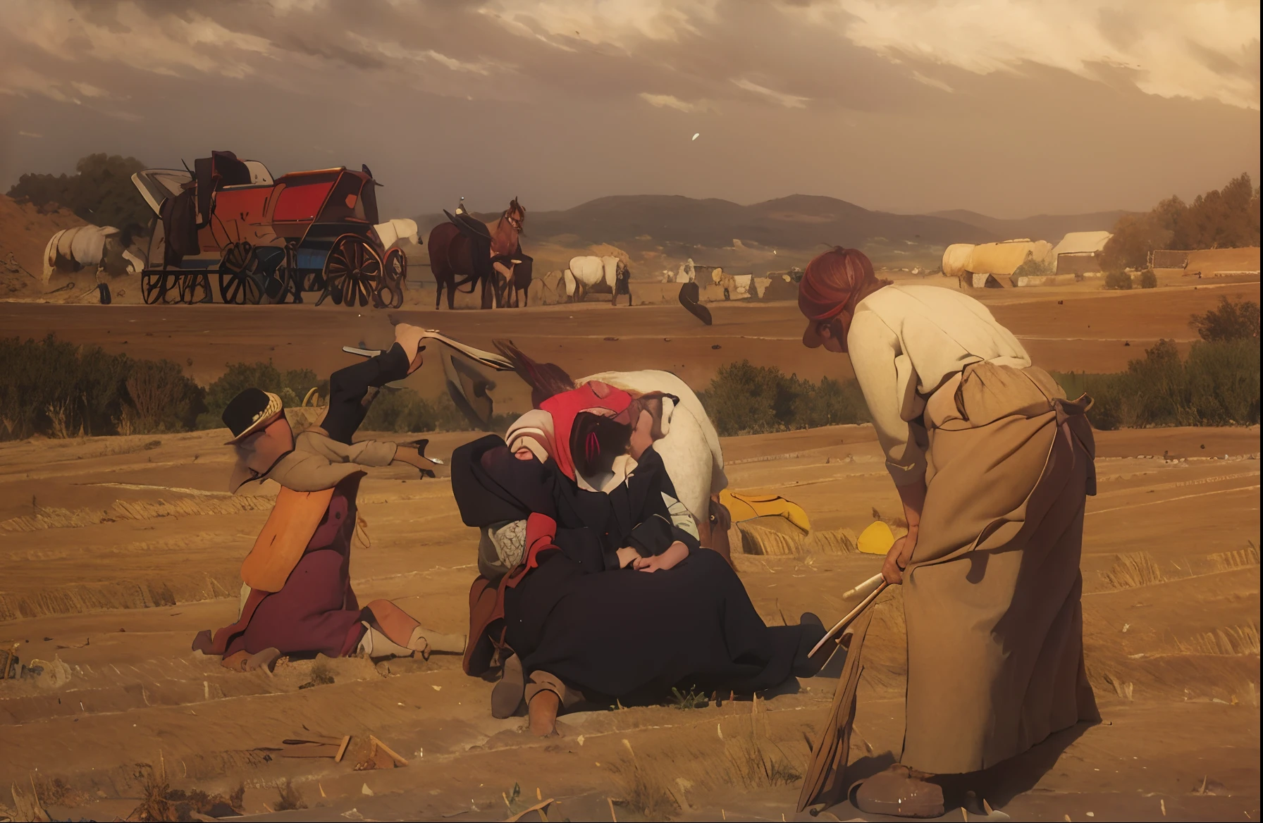 painting of two women working in a field with a horse in the background, jean francois millet, by Jean-François Millet, inspired by Jean-François Millet, inspired by Jules Breton, by Jules Breton, by Francis Davis Millet, breathtaking art, inspired by Francis Davis Millet, harvest, by Johan Grenier, inspiring art