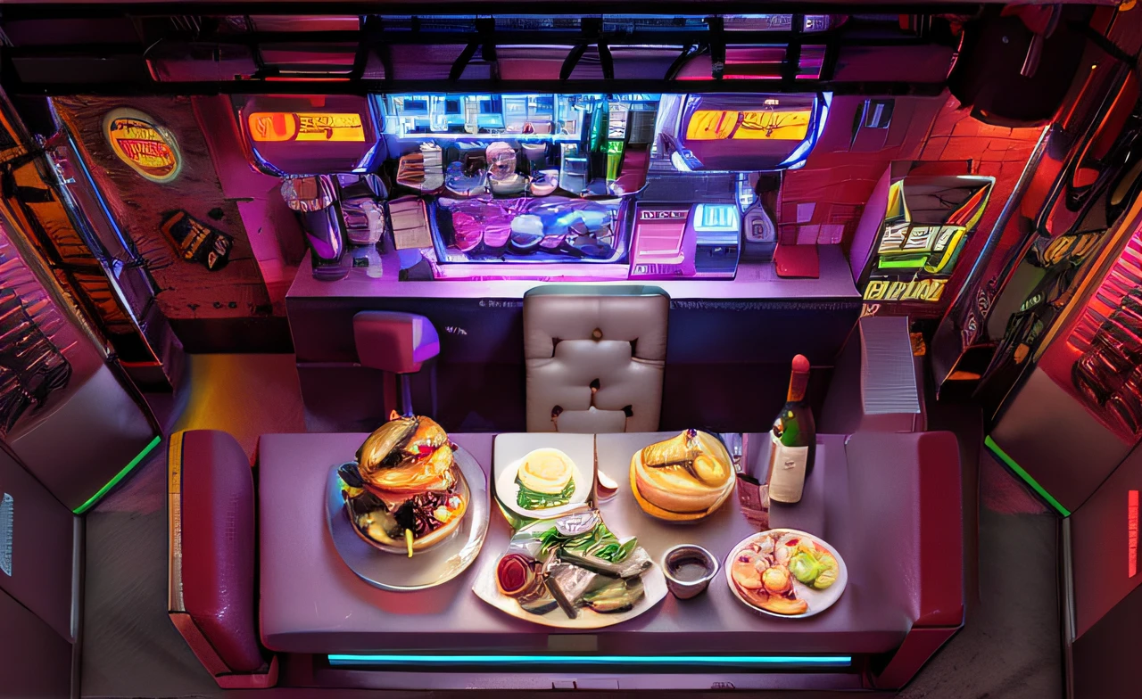 There is a lot of food on the table in this restaurant, Dinner, cyberpunk atmosphere, cyber punk setting, Hyper-realistic cyberpunk style, 3 d render beeple, diner, Cyberpunk art style, Cyberpunk Style ， Hyperrealistic, diner scene, diner background, cyberpunk with neon lighting, Cyberpunk vibe, beeple style, photorealistic blade runner