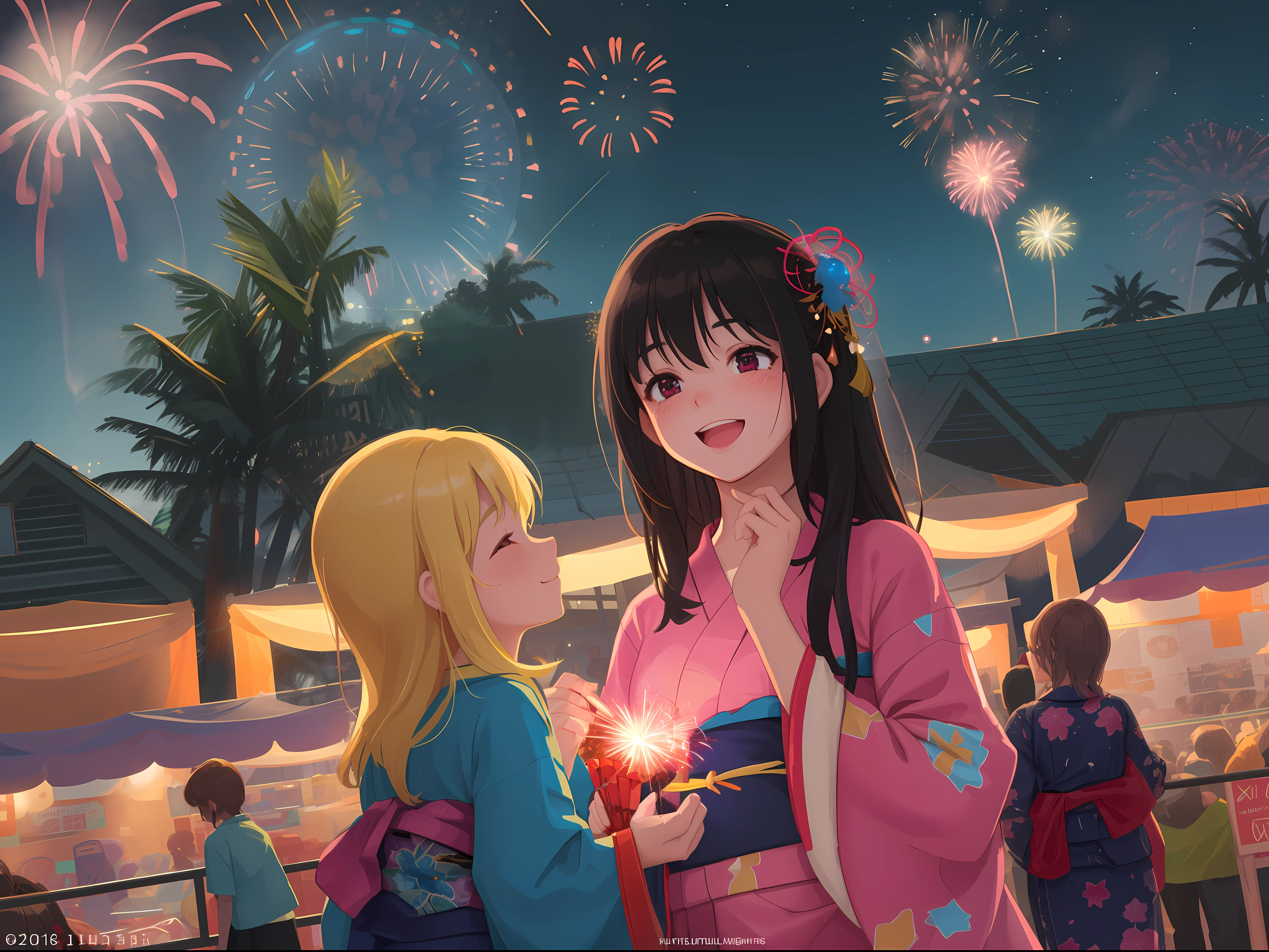 Local summer festival night、Fantastic lights illuminate the surroundings、 girls are going around the stall in yukata and smiling。I'm having fun with my friends.、The glow of youth is felt。Dreams and hopes dwell in their eyes、Looking up at the light of fireworks in the blue night sky、Sharing a moment of happiness。This moment is、With deep emotions、It will be engraved as a beautiful page of youth.、超A high resolution、8k、16k