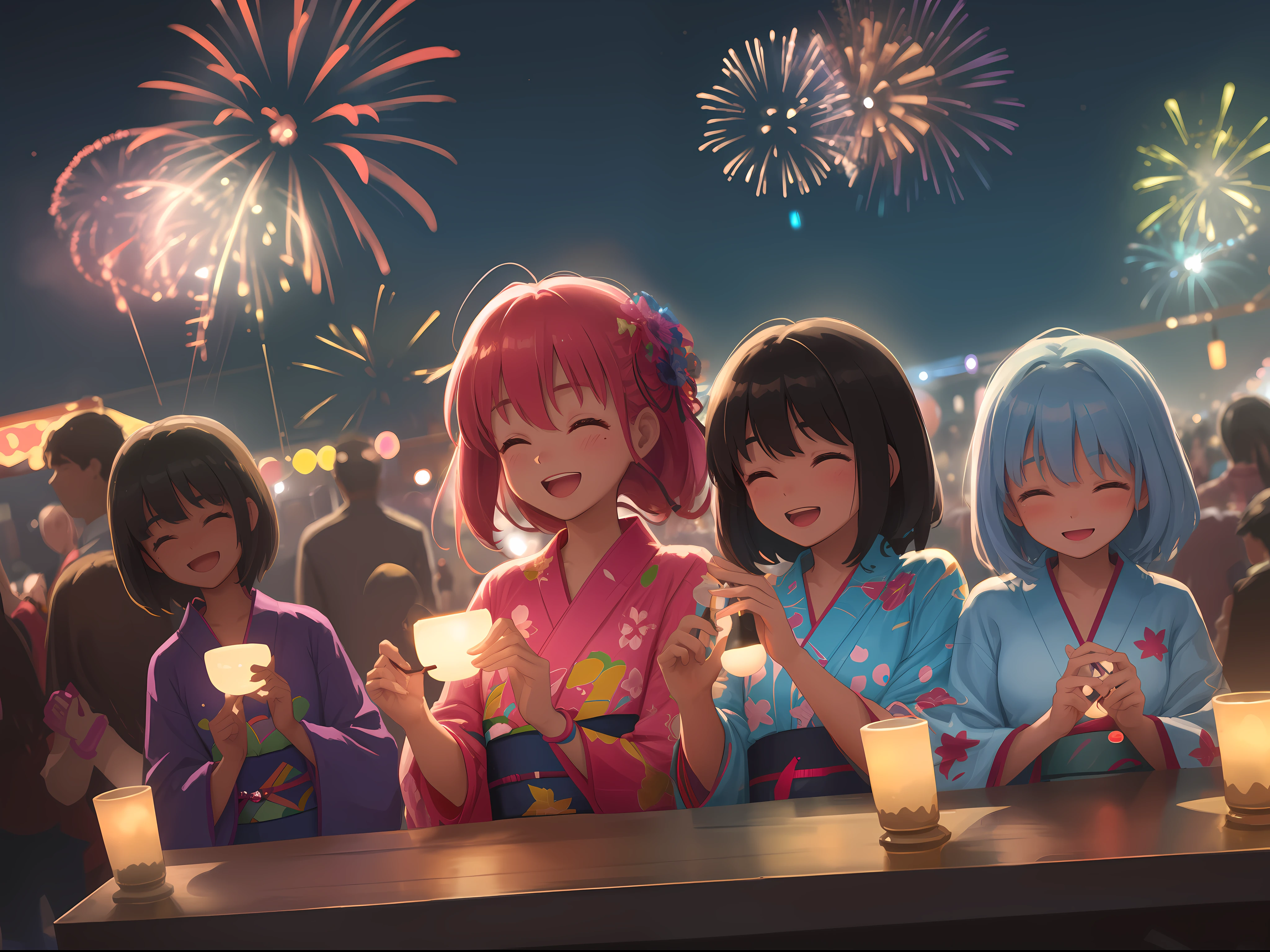 Local summer festival night、Fantastic lights illuminate the surroundings、 girls are going around the stall in yukata and smiling。I'm having fun with my friends.、The glow of youth is felt。Dreams and hopes dwell in their eyes、Looking up at the light of fireworks in the blue night sky、Sharing a moment of happiness。This moment is、With deep emotions、It will be engraved as a beautiful page of youth.、超A high resolution、8k、16k