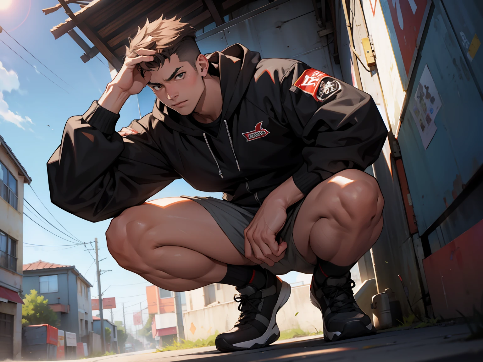 A boy,Squat,full bodyesbian,hands open forward,looks into camera,Look up