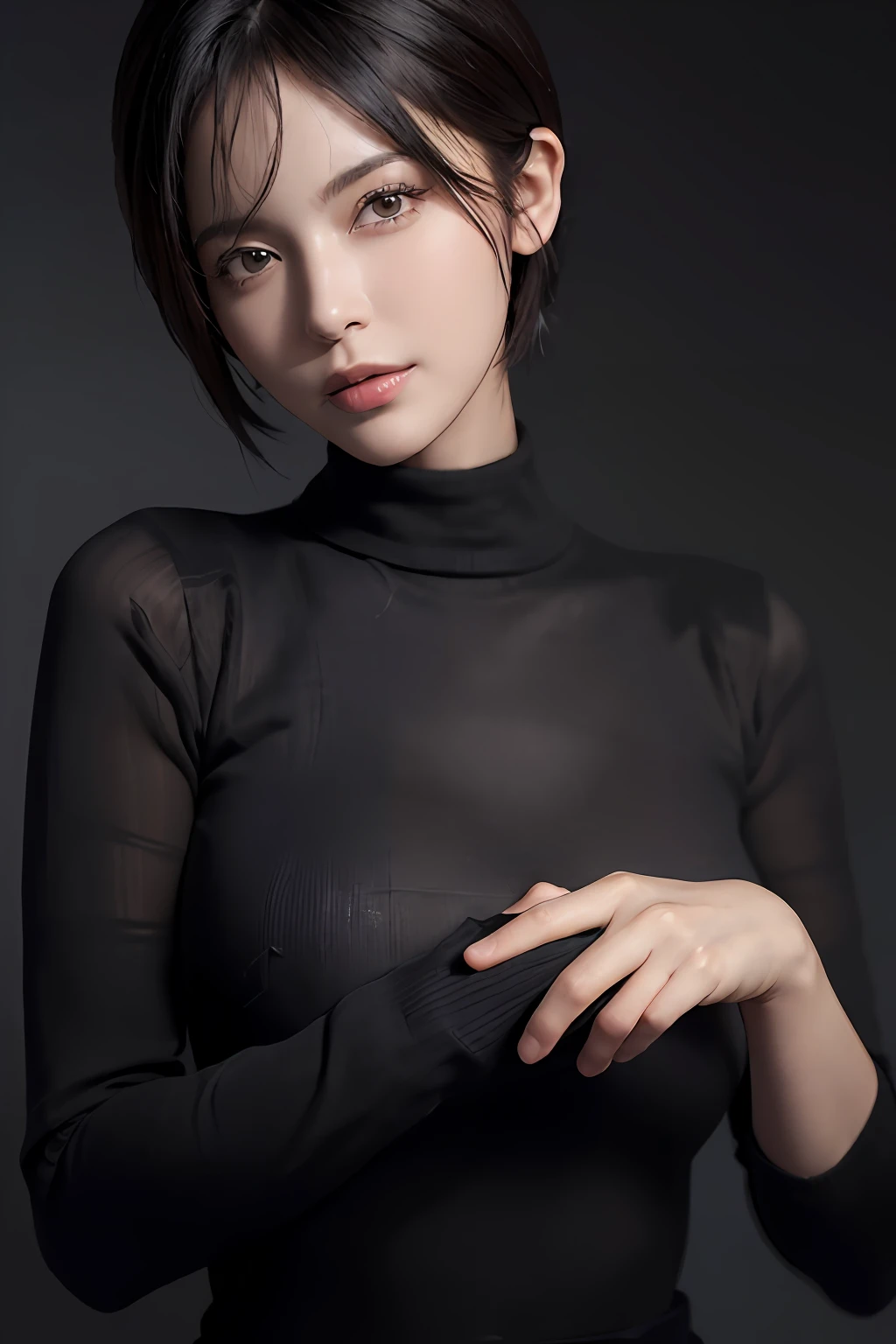 (masterpiece:1.3), (8k, photorealistic, RAW photo, best quality: 1.4), (1girl), beautiful face, (realistic face), (black hair, short hair:1.3), beautiful hairstyle, realistic eyes, beautiful detailed eyes, (realistic skin), beautiful skin, (sweater), absurdres, attractive, ultra high res, ultra realistic, highly detailed, golden ratio