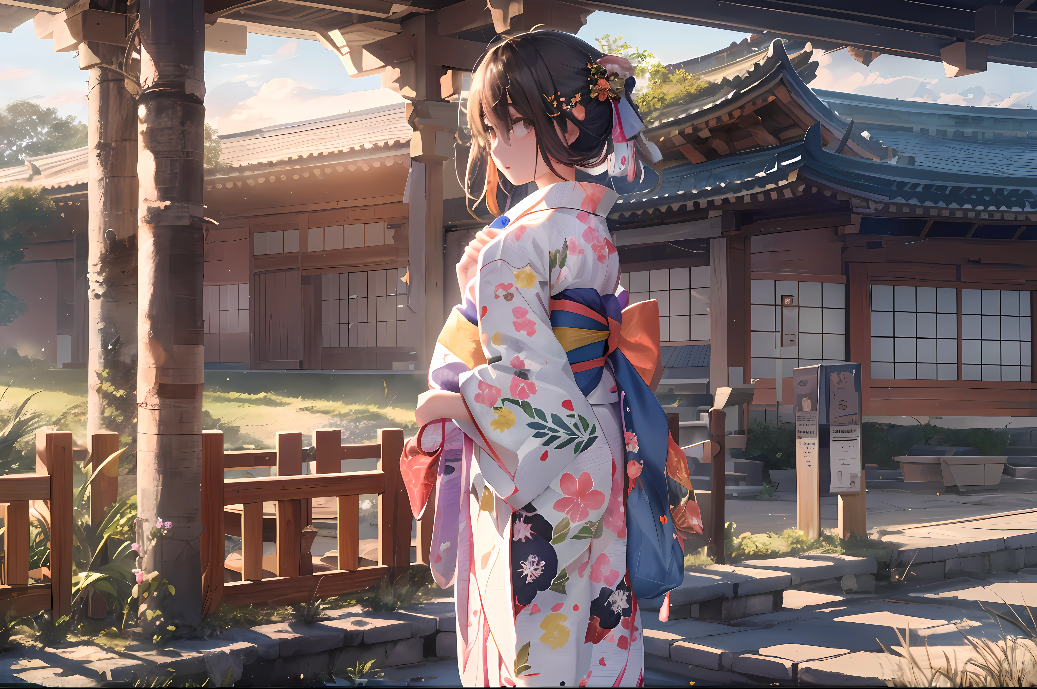 While the sunset casts a gentle light on the shrine、Teenage girl in yukata standing。The yukata she wears is、Artistic patterns drawn in high resolution、It has a detailed design。Yukata fabric fluttering in the wind、Colorful and beautiful、Among them her figure stands out。The photo taken from the side is、Elegant poses and shrine scenery harmonize、It leaves the impression of a wide work of art.、hight resolution、high-level image quality、8K、16 K