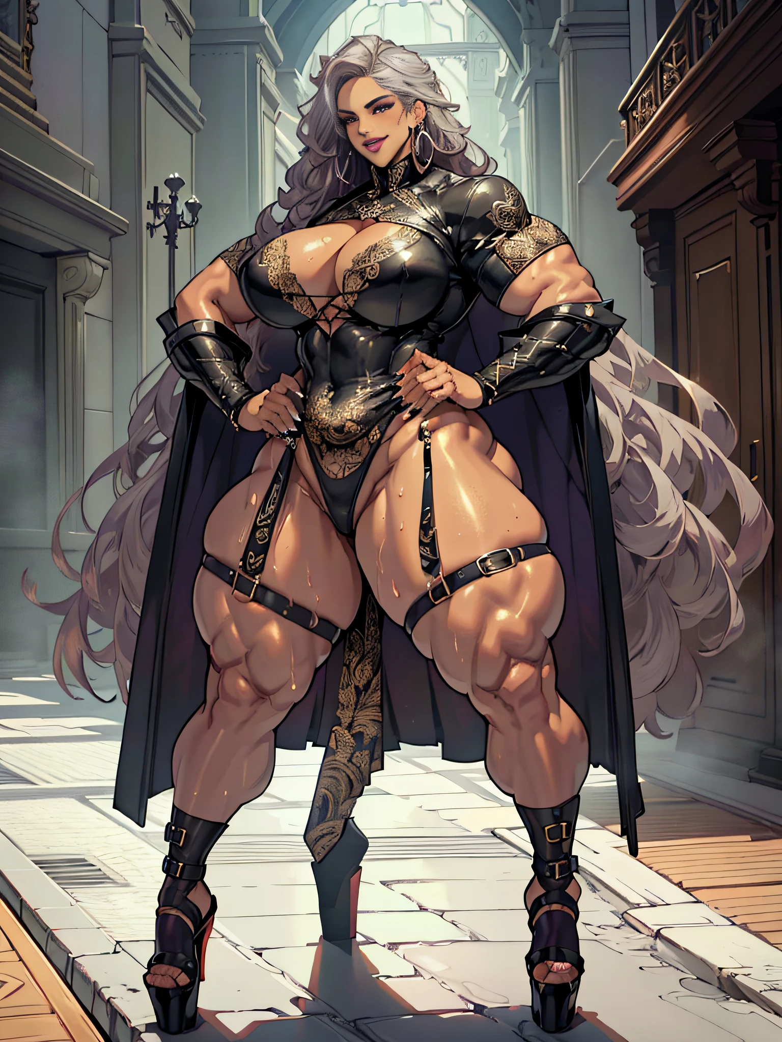 Elaborate CG artwork, (best qualtiy, exquisite detailing, absolute masterpiece), (Head to Toe Image)), ((Full body image)),(plus size model)), (muscular), (Beautiful muscles with mahogany black skin、Wearing too small tight panties and red high heels), (mahogany colored dark skin))),(mahogany colored dark skin))), (((Light silver hair))),(((Light silver hair))), ((short wavy hair)),Detailed beautiful mature face, very detailed beautiful face and eyes, (detailed seductive and sharp eyes), (plump shiny purple lips)), (Purple Eye Shadow), blush, (sadistic seductive smile), (Curvaceous), ( unbelievably huge curvaceous hips), (very huge sensual ass), (ridiculously massive thick thighs), (glittery skin), (wet oily skin), Fingernail Art, Jewelry, Bracelet, hoop earrings