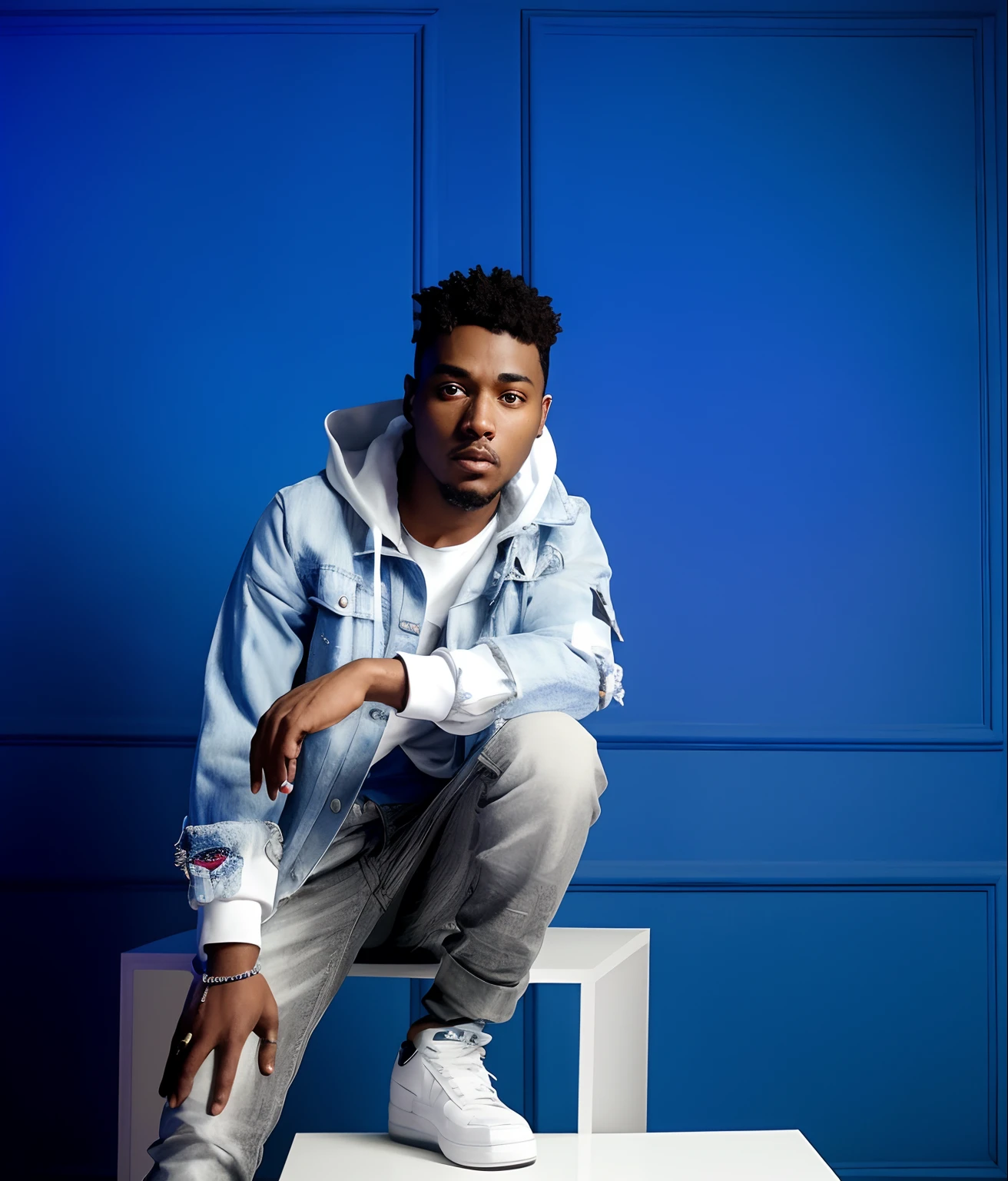 homem arafed sentado em um cubo branco com um fundo azul, Mkbhd, : Kendrick Lamar, 2 1 selvagem, Foto em estilo de Tyler Mitchell, Rosas Zulu, Kendrick Lamar, photo shoot, bonito hip hop jovem negro, alphonse muca, foto promocional, Photo Session, Riyahd Cassiem, Retrato no meio da foto, No estilo de Tyler Mitchell