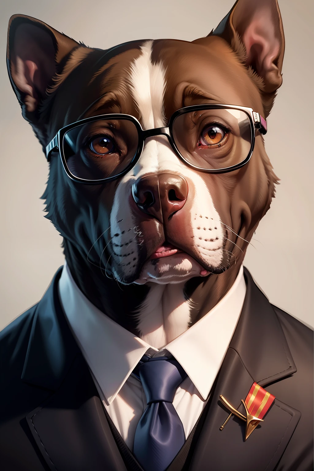 Pitbull dog wearing glasses dress suit and tie vibrant colors strong 8k realistic fine strokes