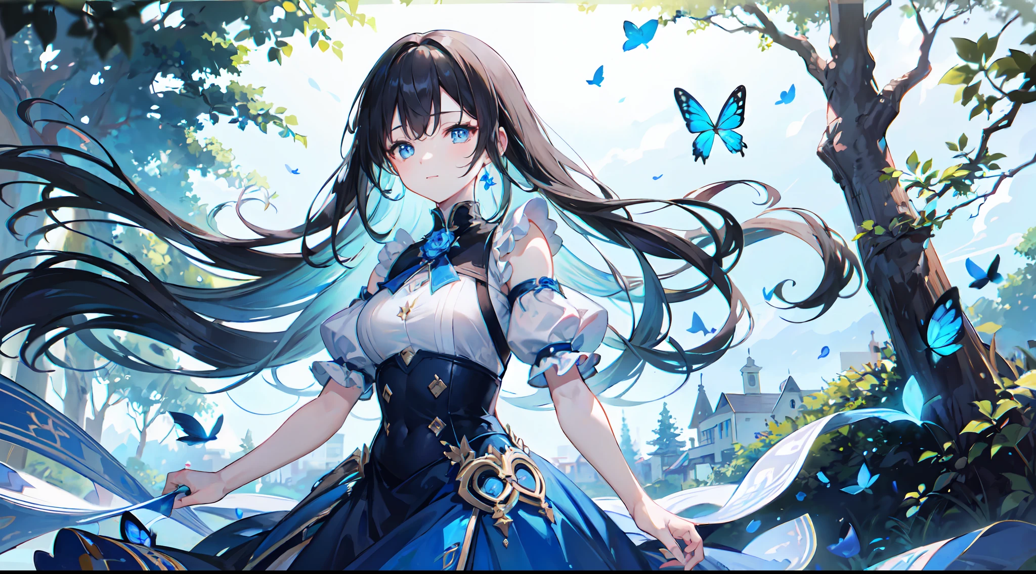 High detailed, best quality, masterpiece, highres, 16k, uhd, 1girl, happy, long hair, floating hair, black hair, expressive hair, beautiful detailed eyes, blue eyes, anatomically correct, stand up, blue tree with blue butterfly, blue leaf fallen by the tree,