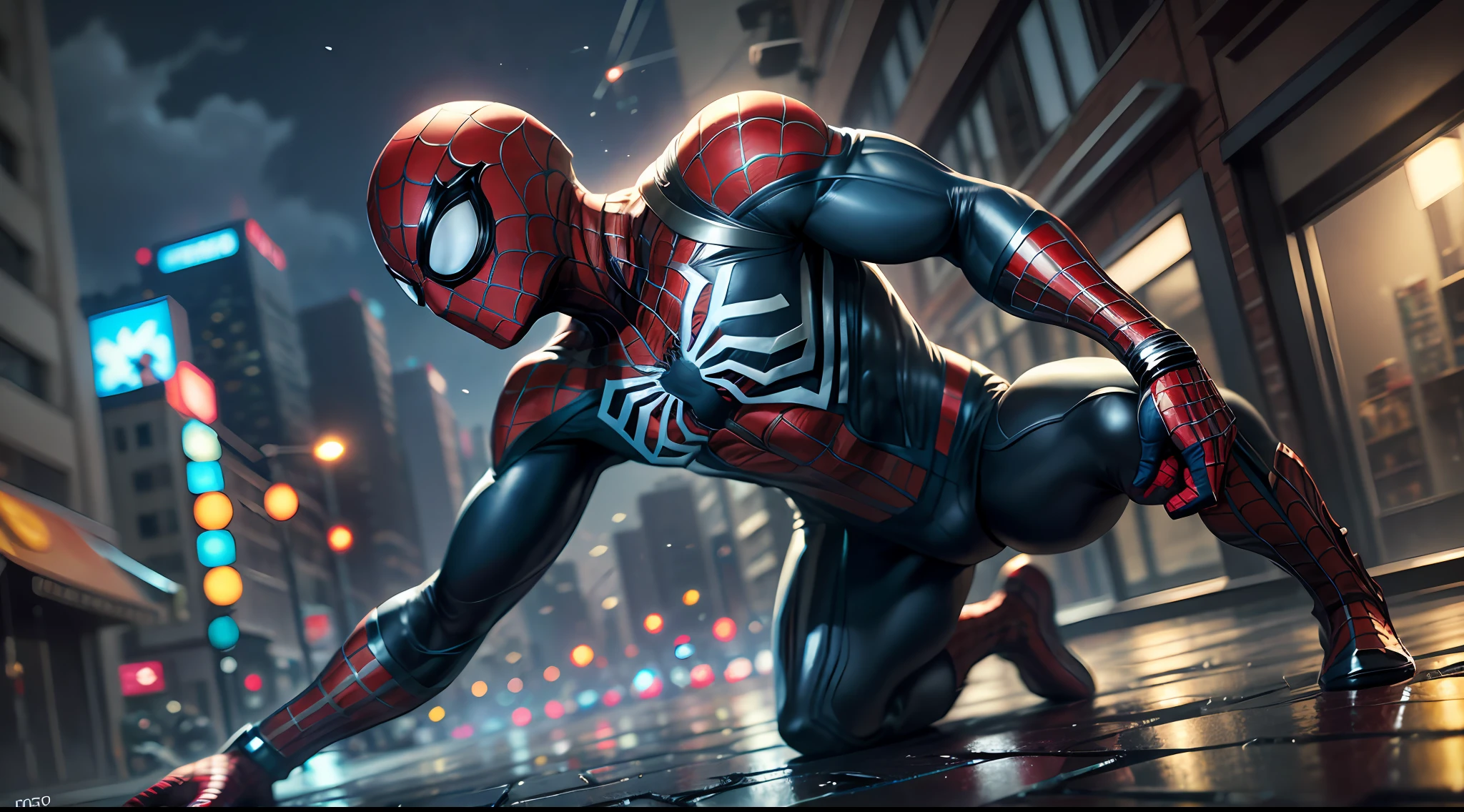 Spider-man holding gun - an incredibly detailed masterpiece, the best possible quality in 3D illustration with ultra-realistic texture, extraordinarily dynamic, in high resolution, with enhanced lighting and a dramatic camera angle. The scene depicts a moment of action with Spider-Man holding a gun, which makes him even more formidable and heroic. The background is a busy street, with night lights and cars passing in the background. --auto --s2