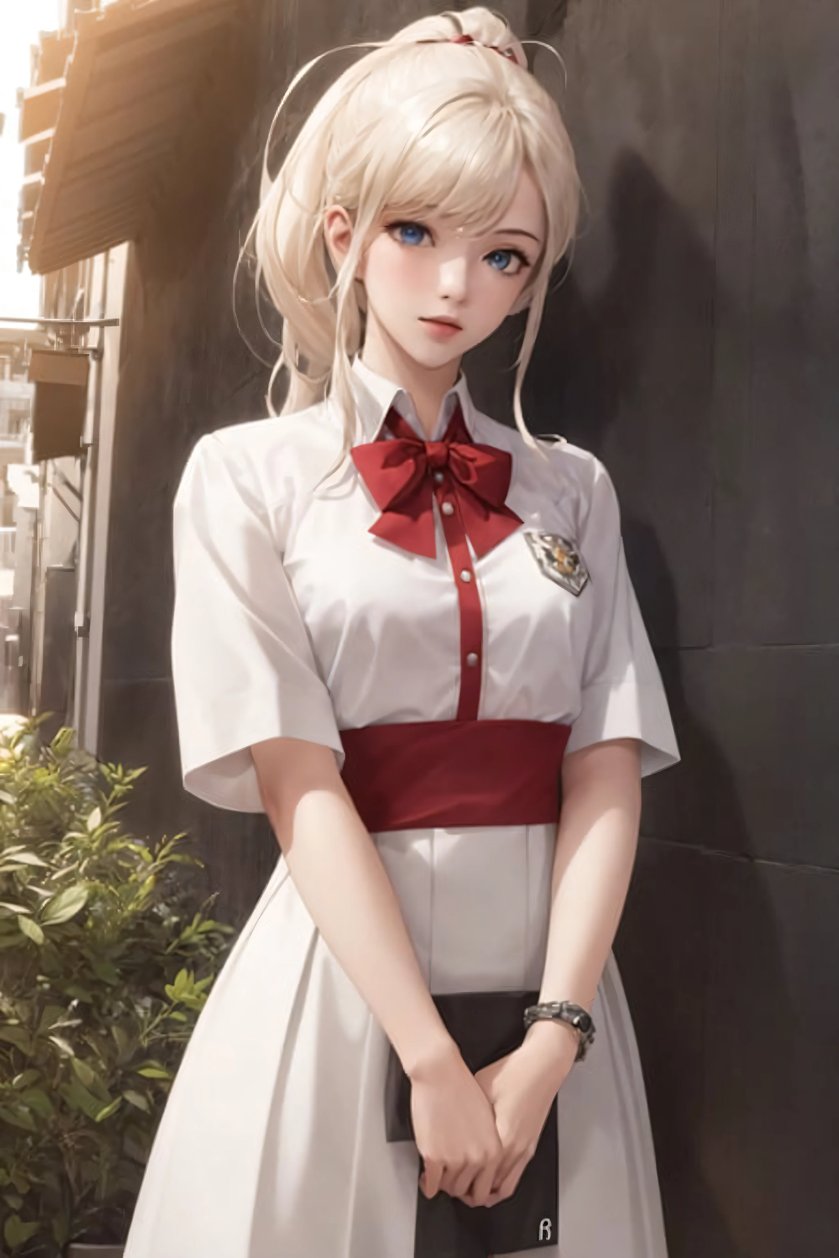 (((masterpiece,best quality,official art,extremely detailed CG unity 8k wallpaper))),illustration,landscape,solo,1girl,bishojo,beautiful detailed eyes,Student uniforms, platinum blonde hair, ponytail
