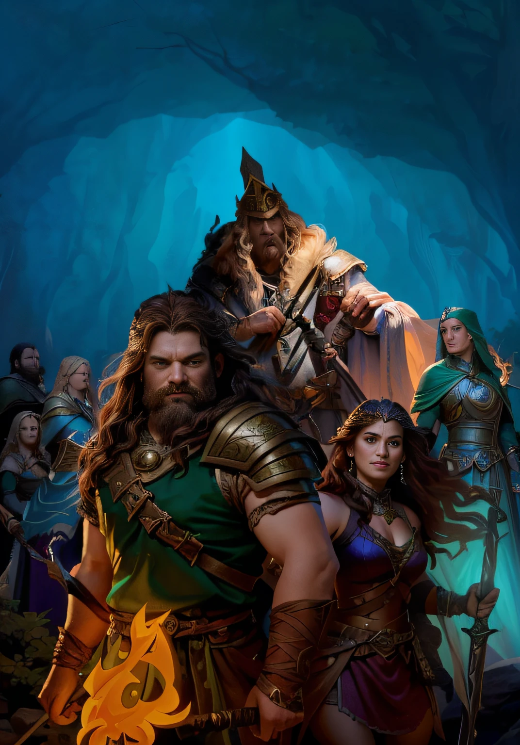 Image of a group of people in a fantasy setting, d & d pintura digital, d & d fantasia pintura digital, d & D Arte Digital Fantasia, Epic Fantasy Digital Art Style, dragonlance illustration, sem texto, Dungeons and Dragons Arte de fantasia, capa do romance litrpg, Directed by: John O'Gorman, dungeons and dragons portrait, Personagens de Dungeons and Dragons, A human ranger with a torch in front, with a barbarian close behind, with a large dwarf battle hammer, followed by a barbarian king with a simple metal crown and an elf with a green robe and white dress, Just behind a dwarf queen in mithral clothing and crown, um elfo ranger com roupa verde, e um ladino nas sombras
