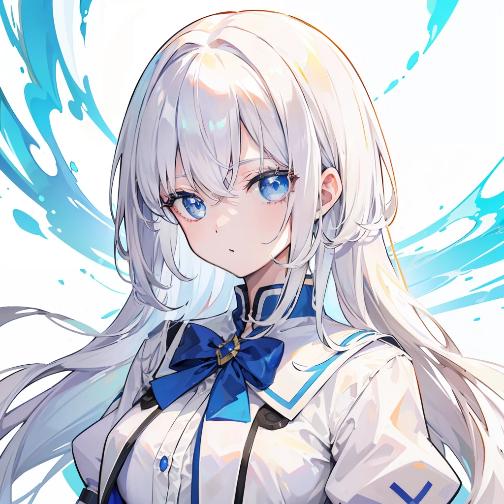 Relatively relaxed background,Creamy white hair,Blue pupils,Two semi-circular collars with yellow edges and milky breaths,Wear the magical school student uniform that matches white and blue,She is a beautiful anime high school girl, anime style like fate/stay night, clean and meticulous anime style