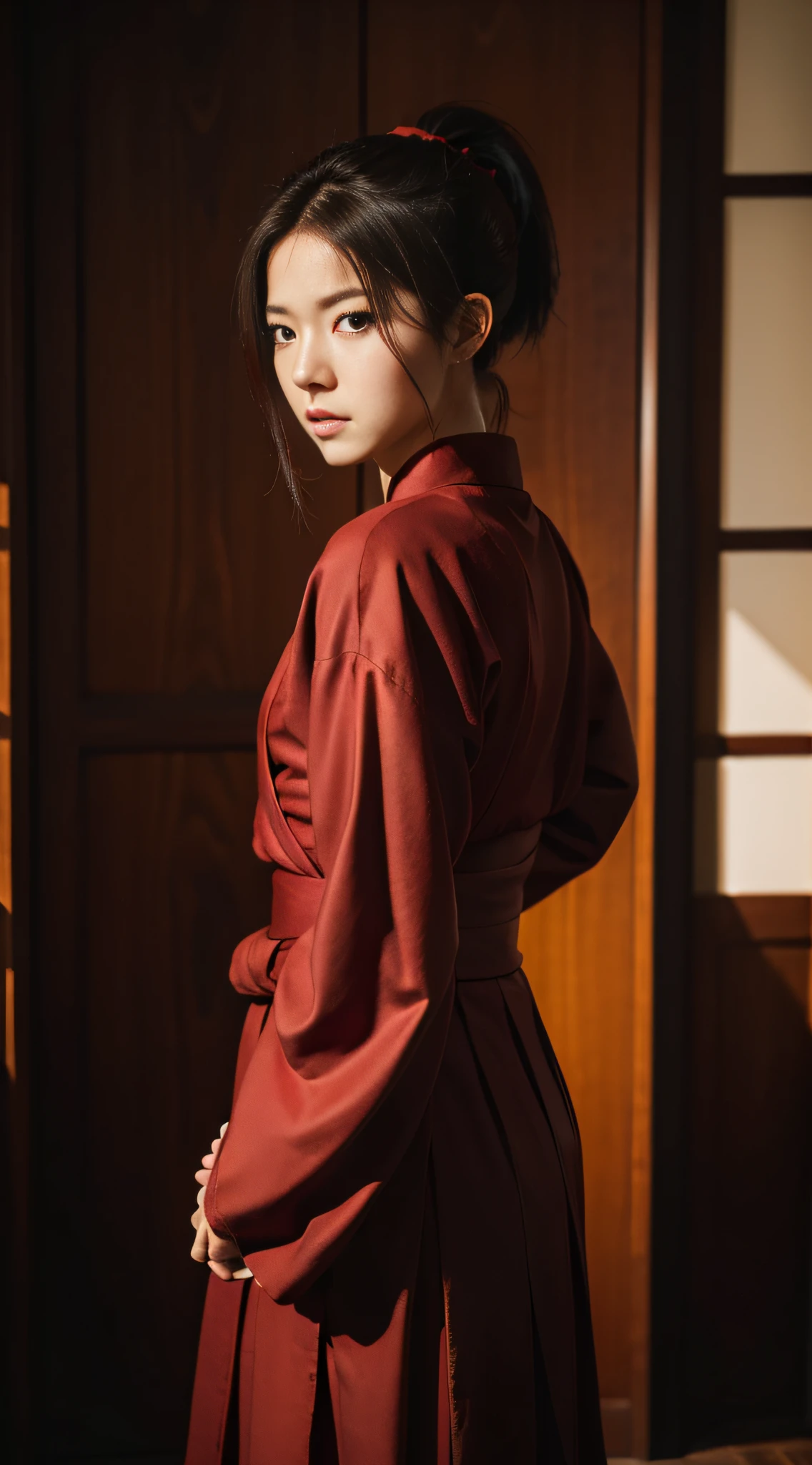 (masterpiece, best quality:1.2), solo, 1girl, erza scarlet, serious, looking at viewer, holding, katanaonehand, hair over one eye, ponytail, japanese clothes, sarashi, red hakama