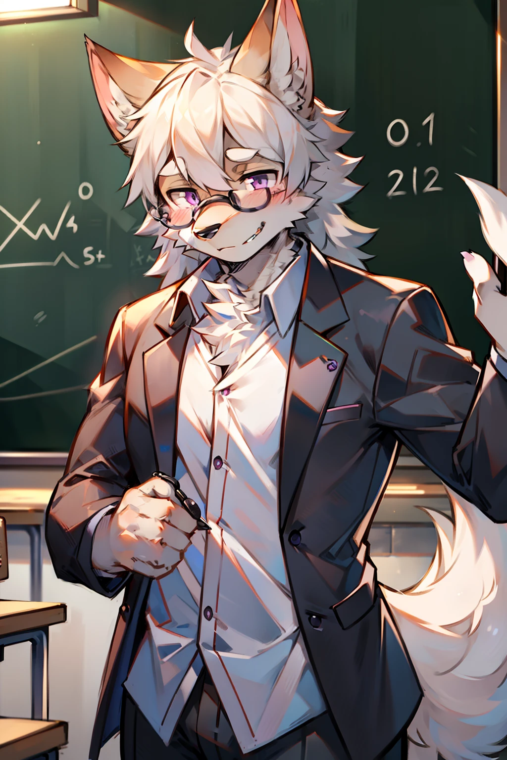 solo person,shaggy male,hairy bodies,shoun,coyote,canid,Gray fur,long white hair,The ends of the hair are purple,Purple eye,Bullied,adolable,Handsome,large tail,full bodyesbian,school ground,at class room,is a male math teacher,Write blackboard words,white shirt,tiese,eye glass
