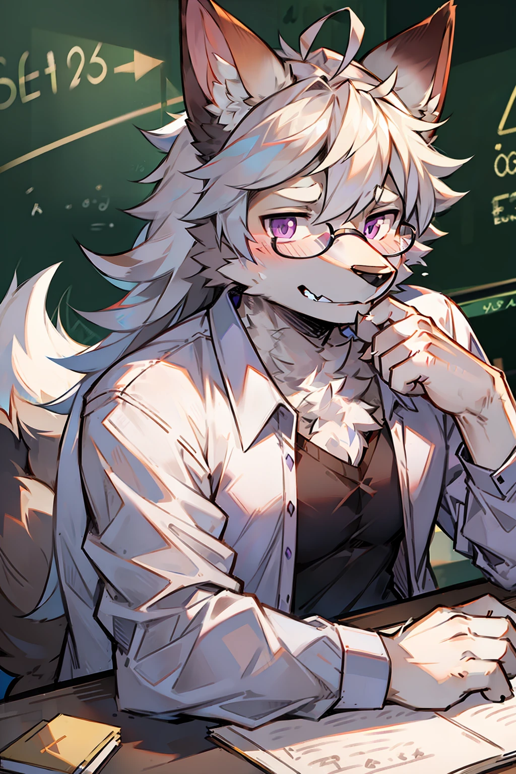 solo person，shaggy male，hairy bodies，shoun，coyote，canid，Gray fur，long  white hair，The ends of the hair are purple，Purple eye，Bullied，adolable，Handsome，large tail，full bodyesbian，school ground，at class room，is a male math teacher，Write blackboard words，white  shirt，tiese，eye glass
