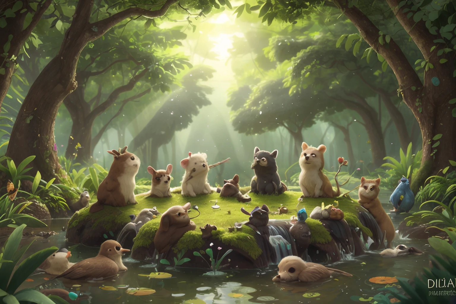 Within this idyllic setting, Um grupo de animais encontra seu lar.  Each living being is like a single note in a charming melody, contributing to the harmony of this magical place.  There is an air of mystery and wisdom about the old Mr......... mocho, suas penas que brilham com tons dourados mostram a passagem dos anos, e os sulcos em sua testa sugerem pensamento profundo.  Ele escolhe seu poleiro sabiamente, a partir do qual ele observa cada acontecimento na floresta com um olhar atento.8k, UHD, disco Rigido