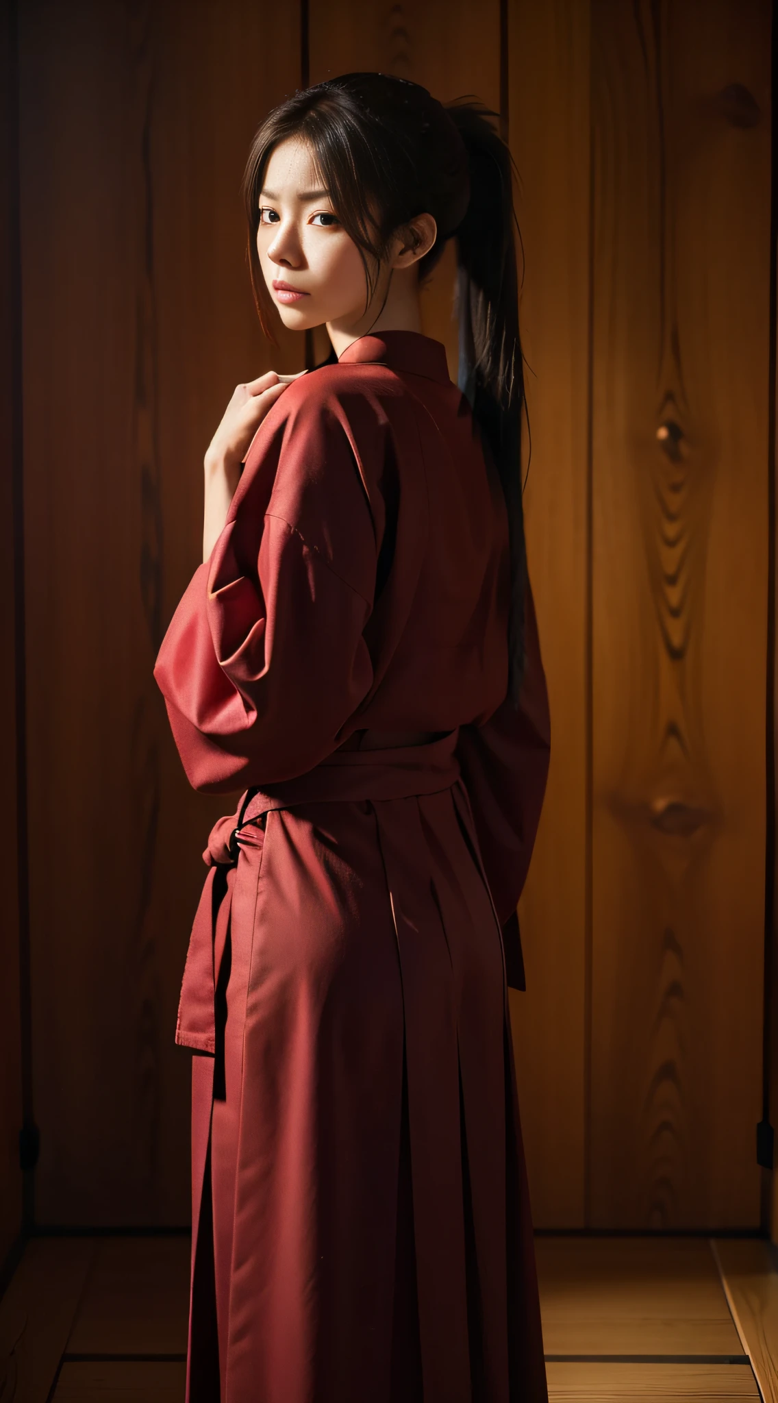 (masterpiece, best quality:1.2), solo, 1girl, erza scarlet, serious, looking at viewer, holding, katanaonehand, hair over one eye, ponytail, japanese clothes, sarashi, red hakama