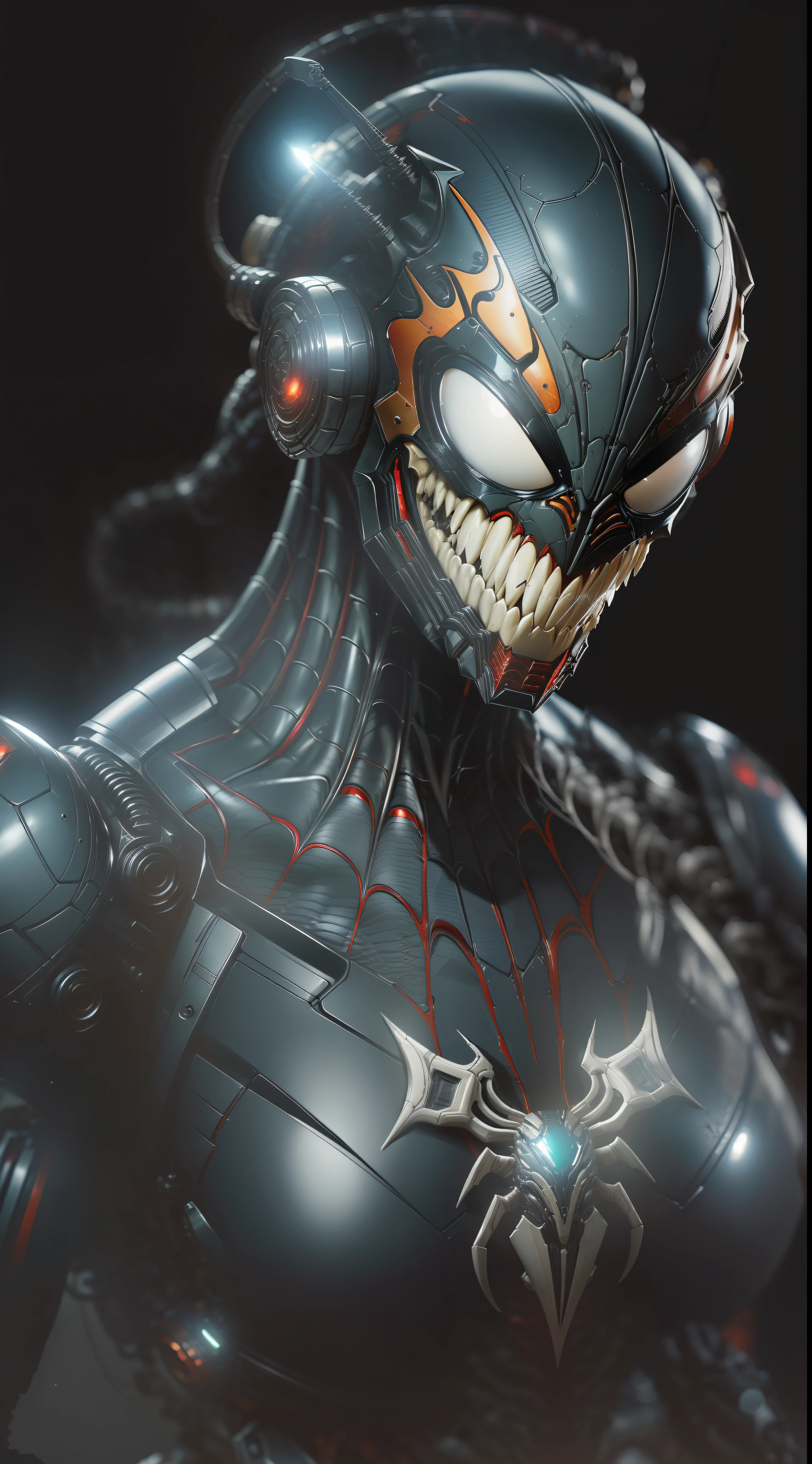 Spider-Venom from Marvel photography, biomechanical, complex robot, full growth, hyper-realistic, insane small details, extremely clean lines, cyberpunk aesthetic, masterpiece featured at Zbrush Central