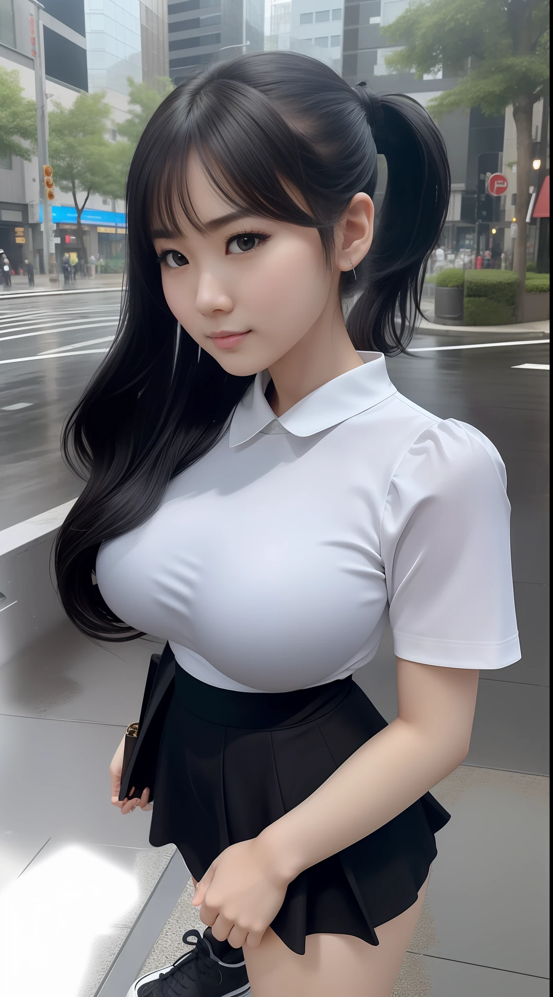 (8K), (High Quality), (Ultra realistic), (High Details), (Face detail), (Shadow Detail), ((25 years old)), 1 japanese adult, Black hair, ponytail, (((Gigantic huge breast : 1.25))), (Big butt), white shirt , short skirt, tall body, black shoes, outdoor, stand, midnight, night, darkness, low lighting, rainy, rain, real rain, full body, look at the viewers