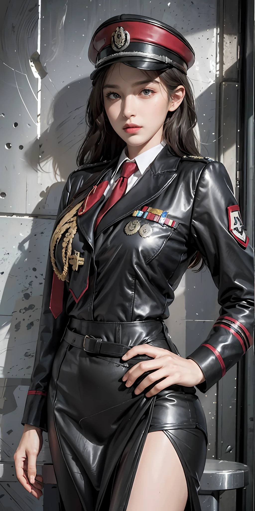 Arafed woman in a uniform posing in front of a wall - SeaArt AI