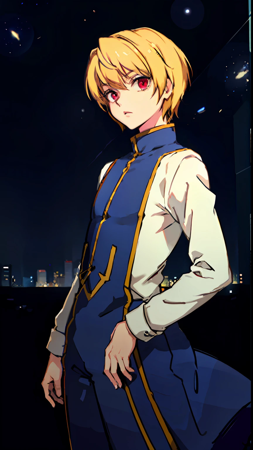 (Cowboy shot), (Masterpiece), (Best Quality:1.0),  Detailed eyes
BREAK  
Kurapika, 1boy, male focus, red eyes, Surprised, Posing
BREAK
(skyscraper, On the roof of the building , in night, exteriors, The Starry Night, gorgeous view), (((portraite of a)))